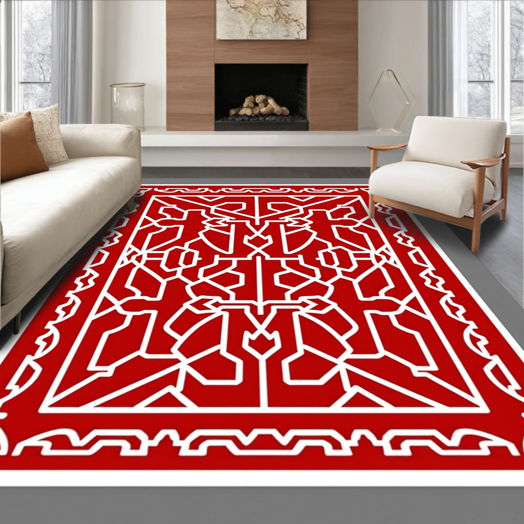 Bold Red Geometric Lattice Rug