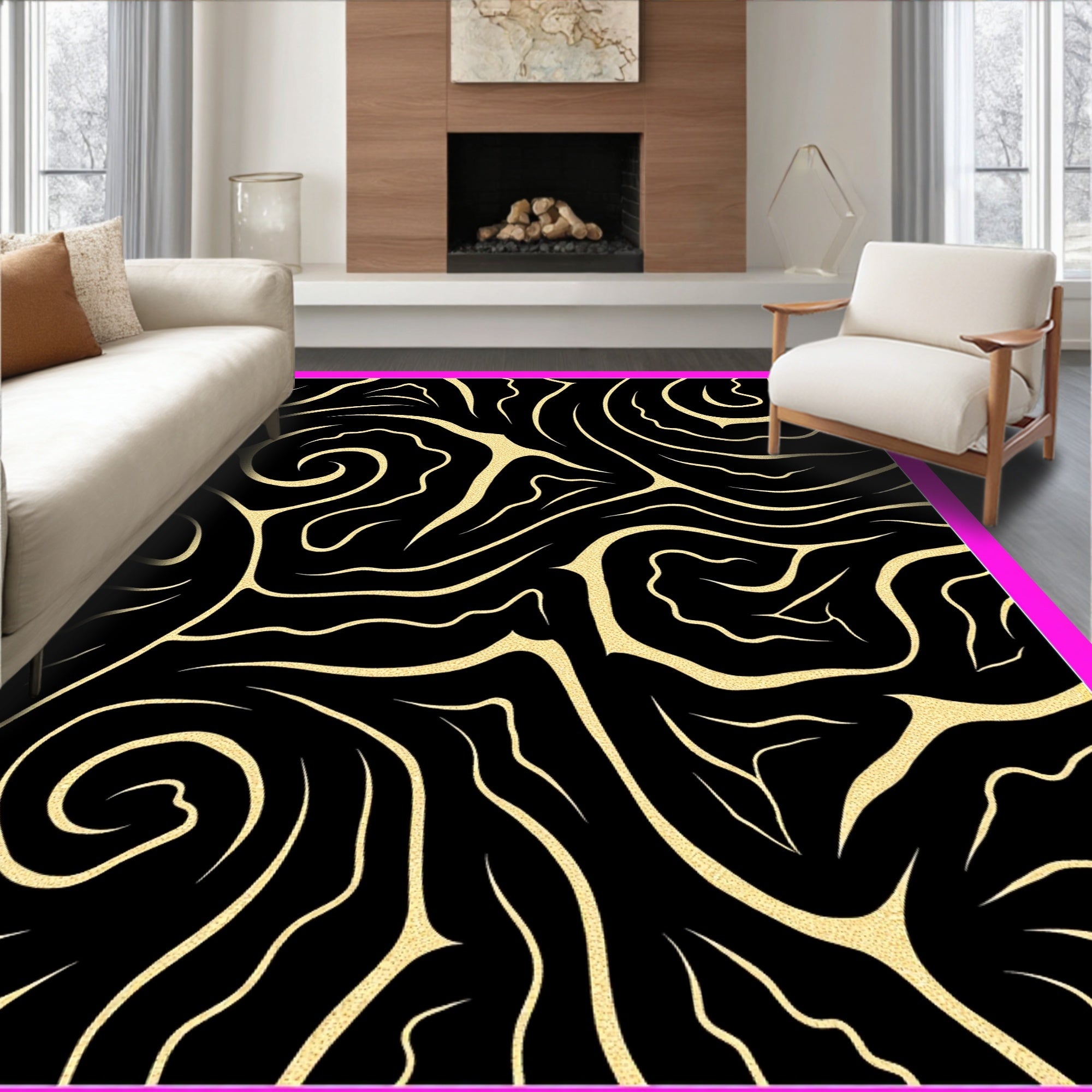 Abstract Black Gold Swirls Rug