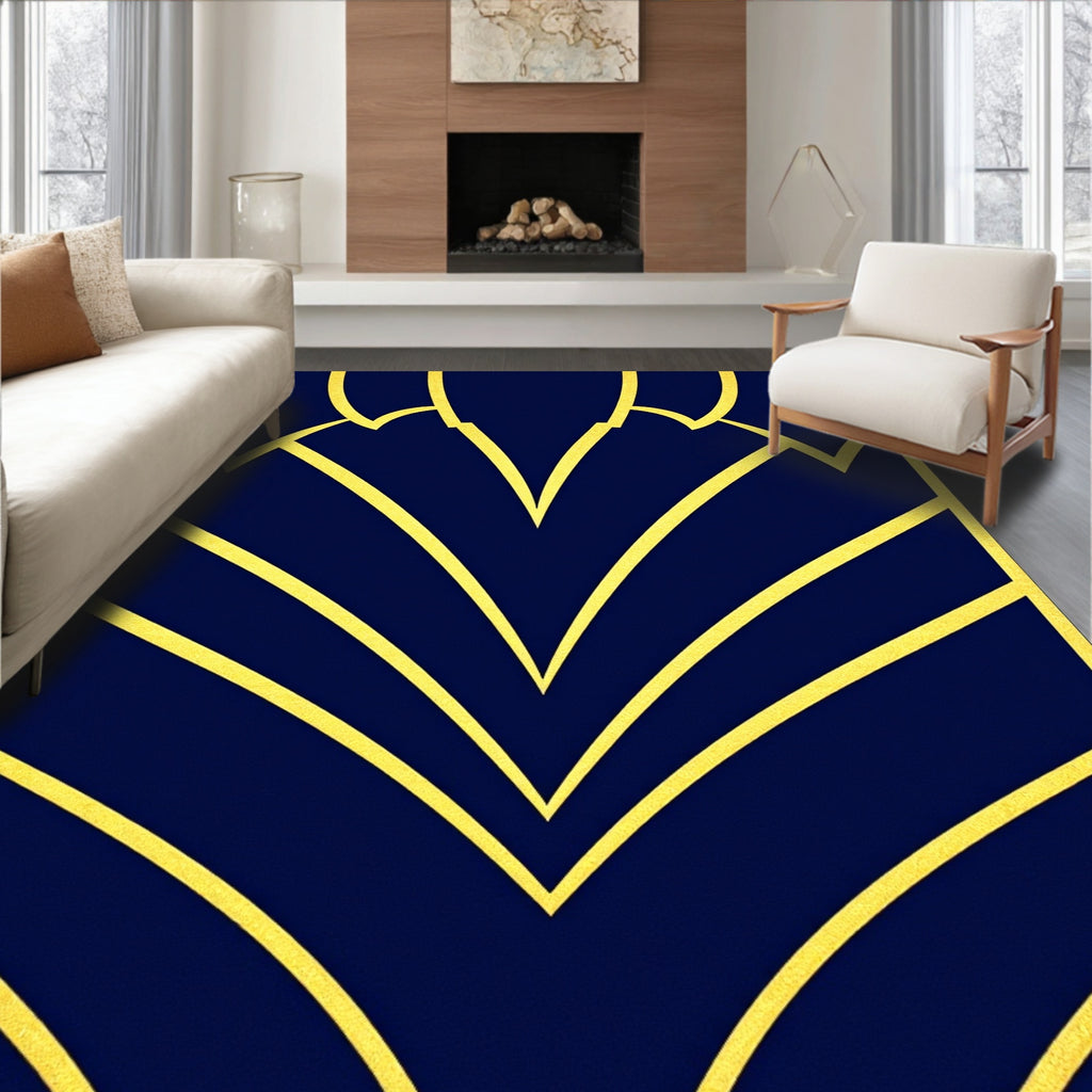 Deep Blue Gold Geometric Fan Rug