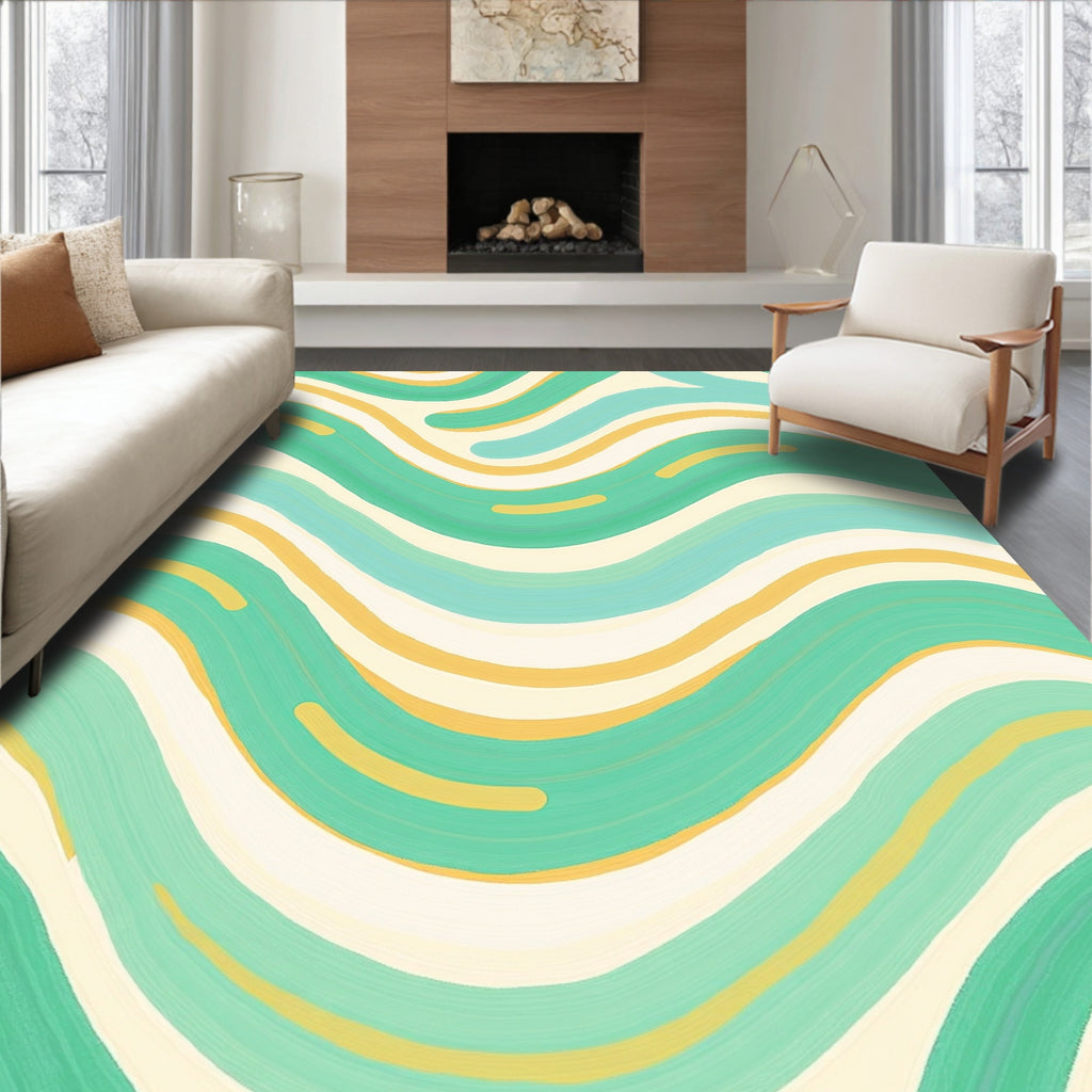 Aqua Yellow Cream Wavy Stripe Rug