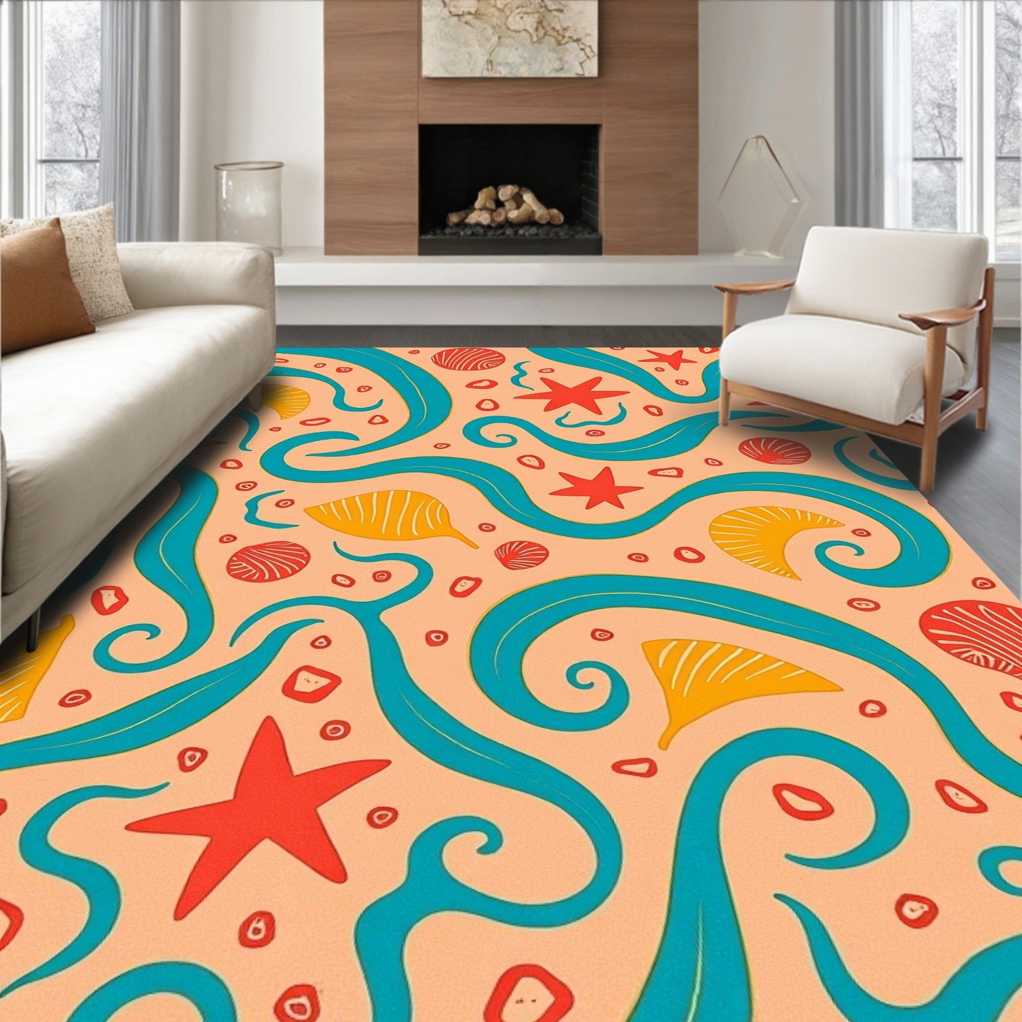 Coral Seashell Starfish Swirls Rug