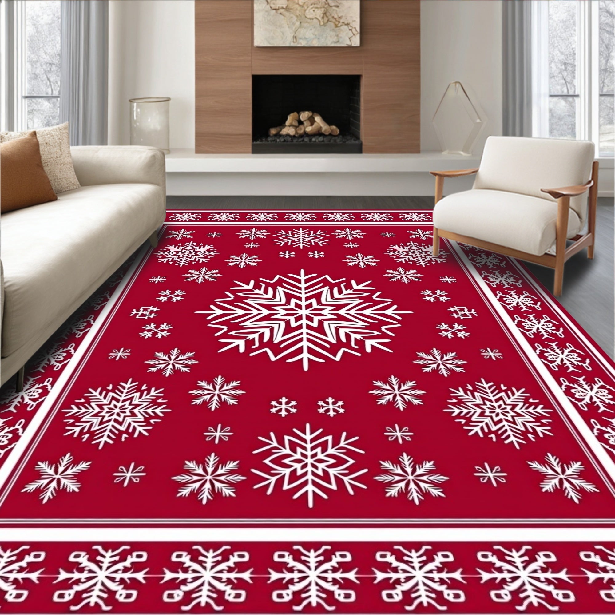 Vibrant Red White Snowflake Medallion Area Rug