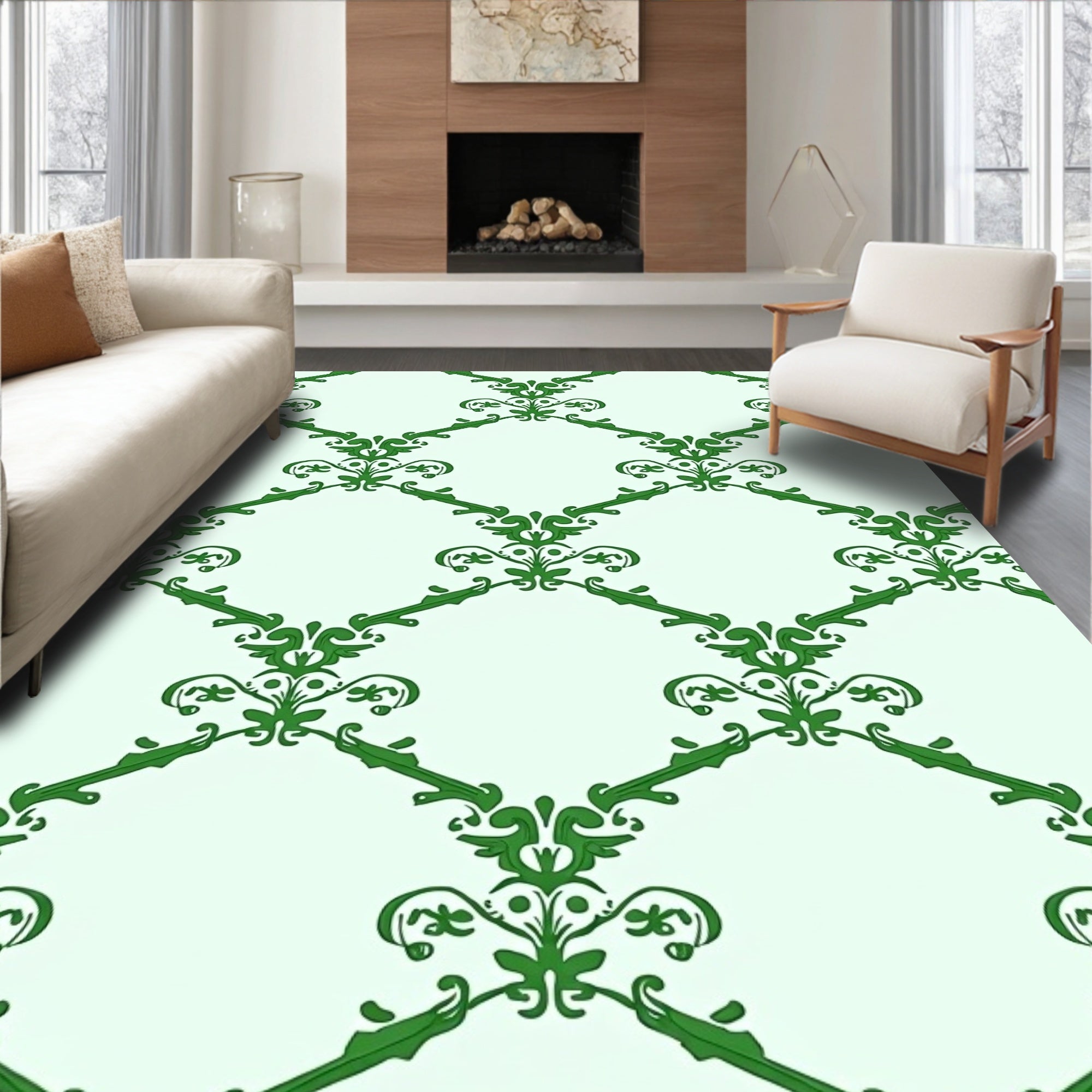 Elegant Green Scrollwork Diamond Rapport Rug