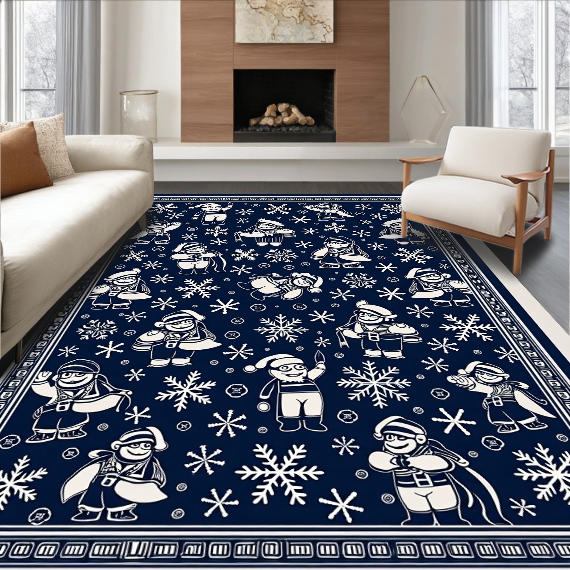 Navy Snowflakes And Merry Characters Rug