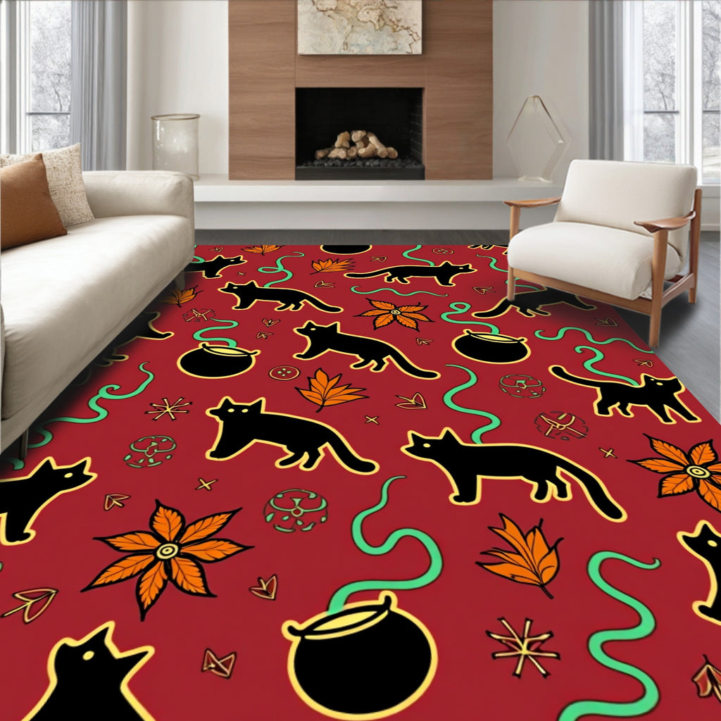 Spooky Black Cats Orange Leaves Cauldron Rug