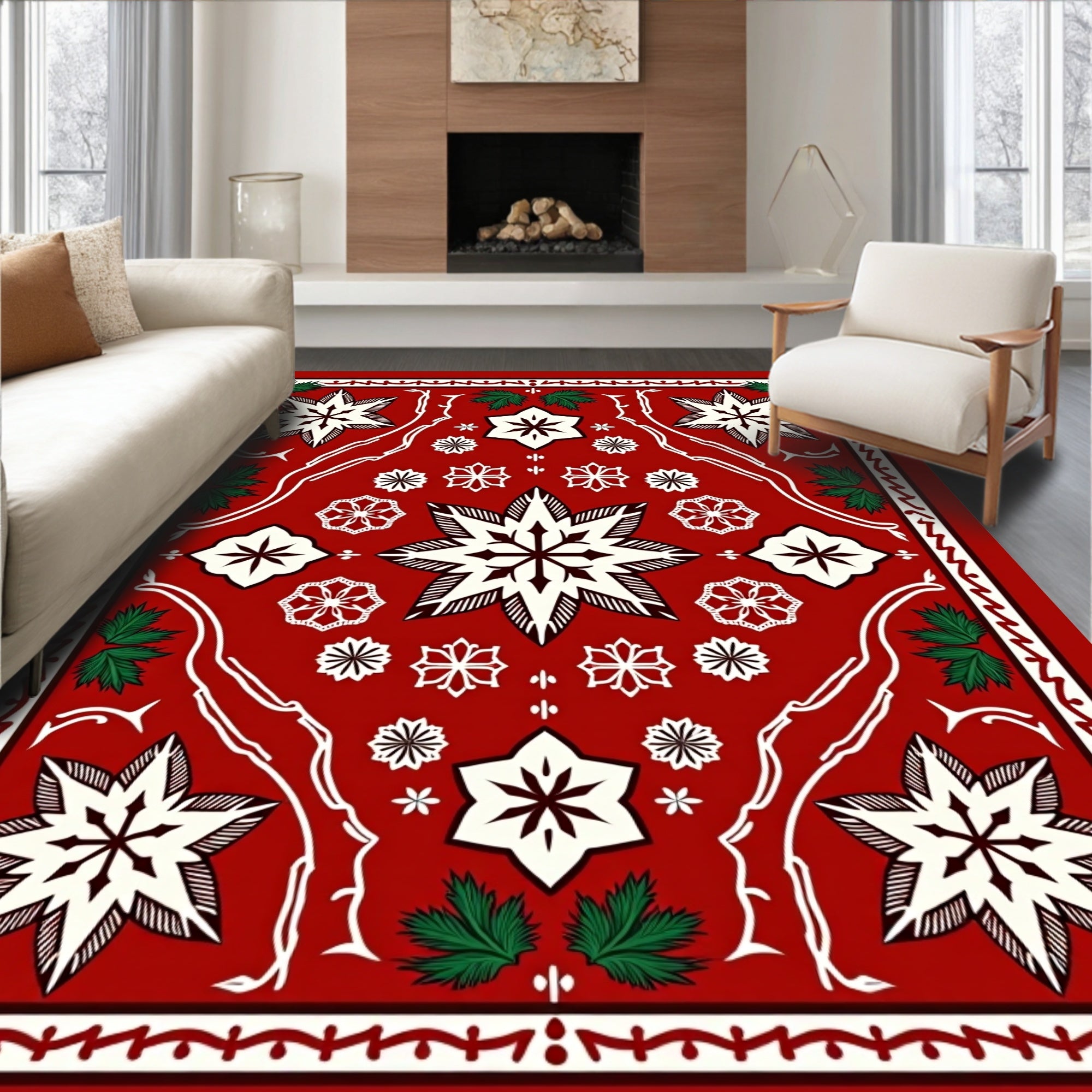 Crimson Starburst Foliage Border Rug