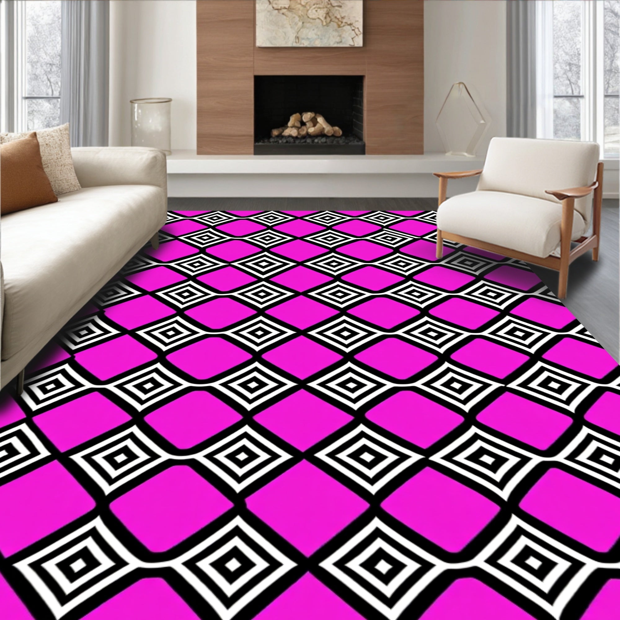 Vibrant Pink Geometric Diamond Rug