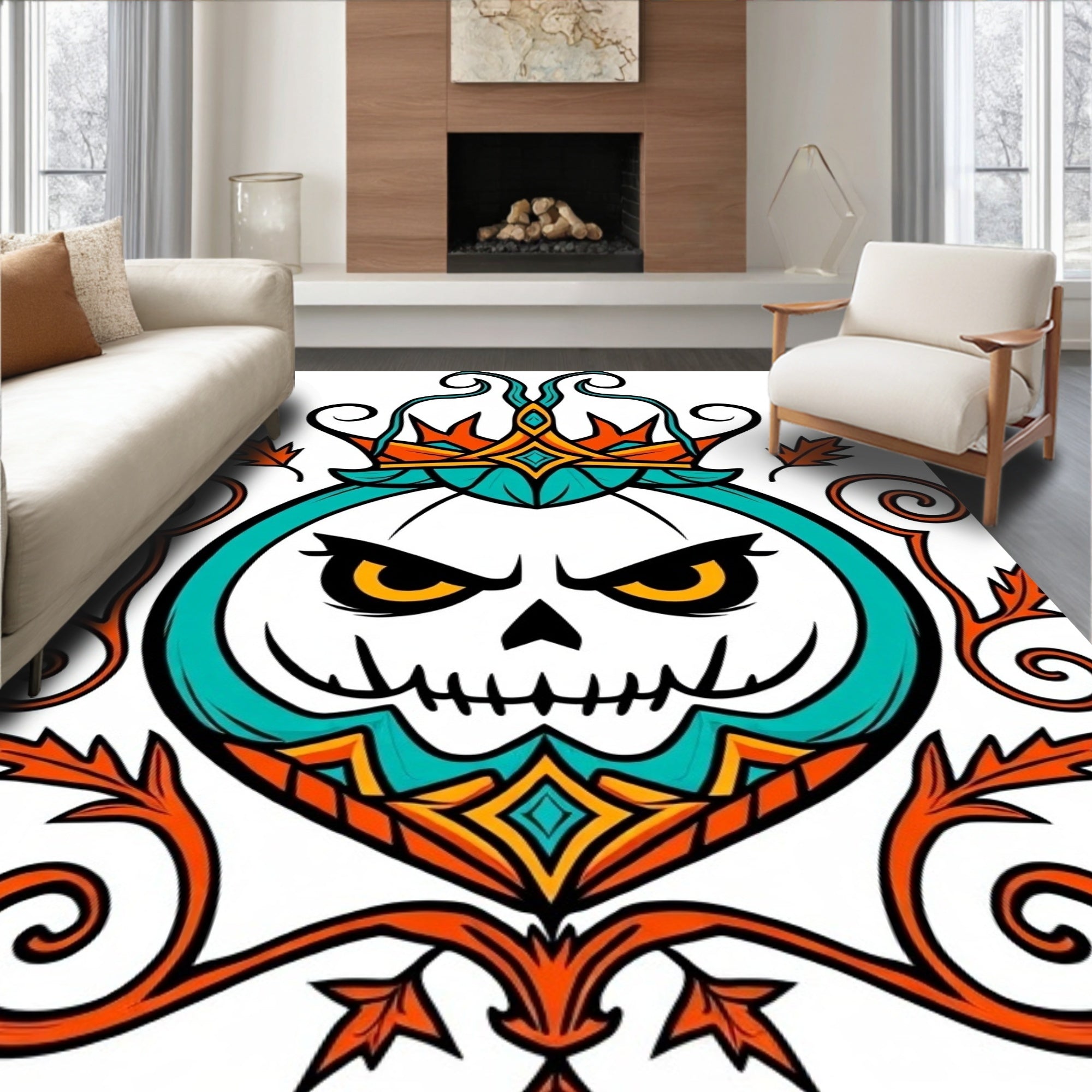 Mischievous Teal Pumpkin Crown Mandala Rug