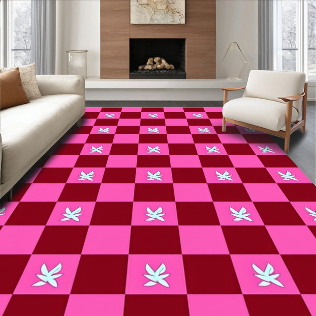 Pink Maroon Checkerboard Light Leaf Rug
