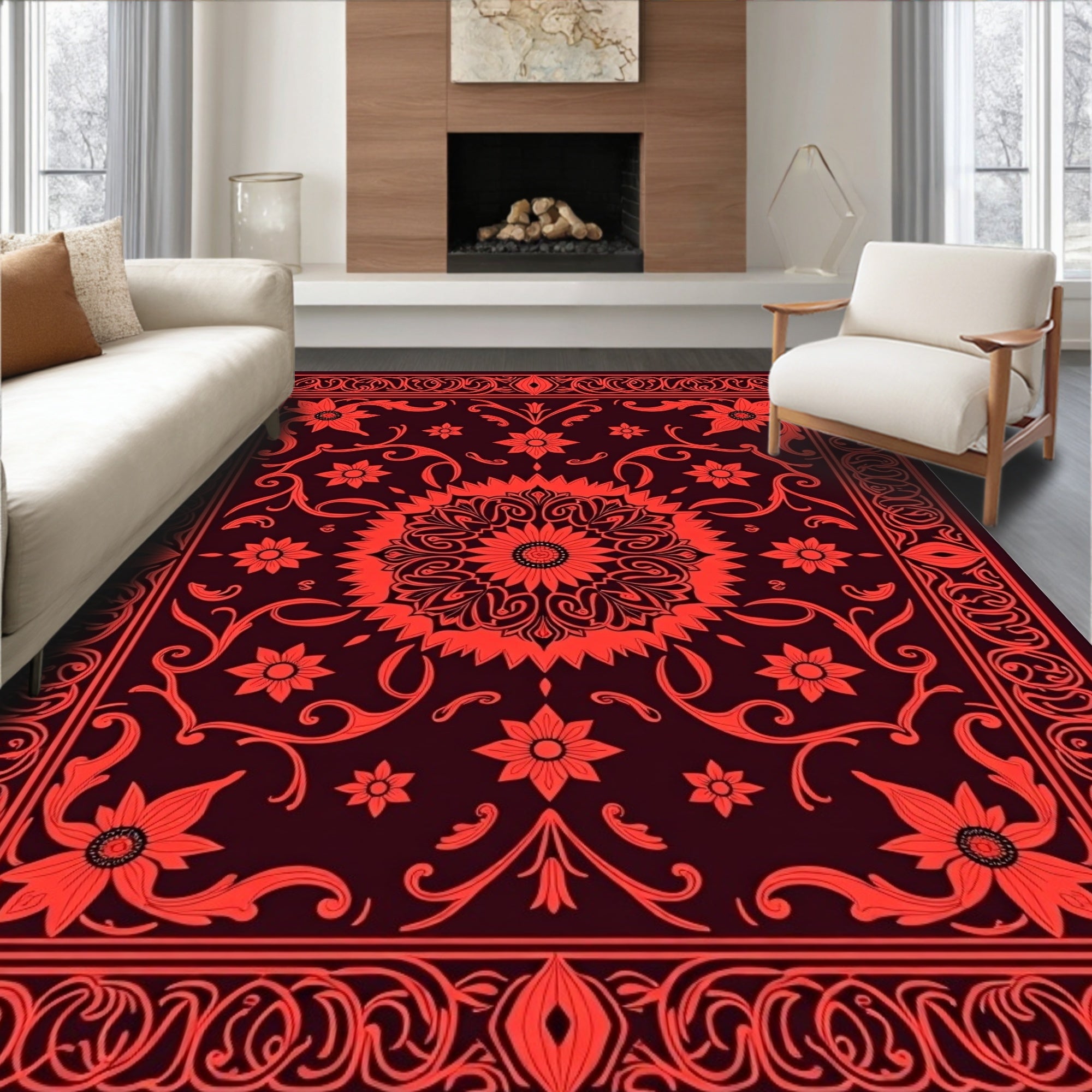 Rich Crimson Bloom Border Artwork Rug