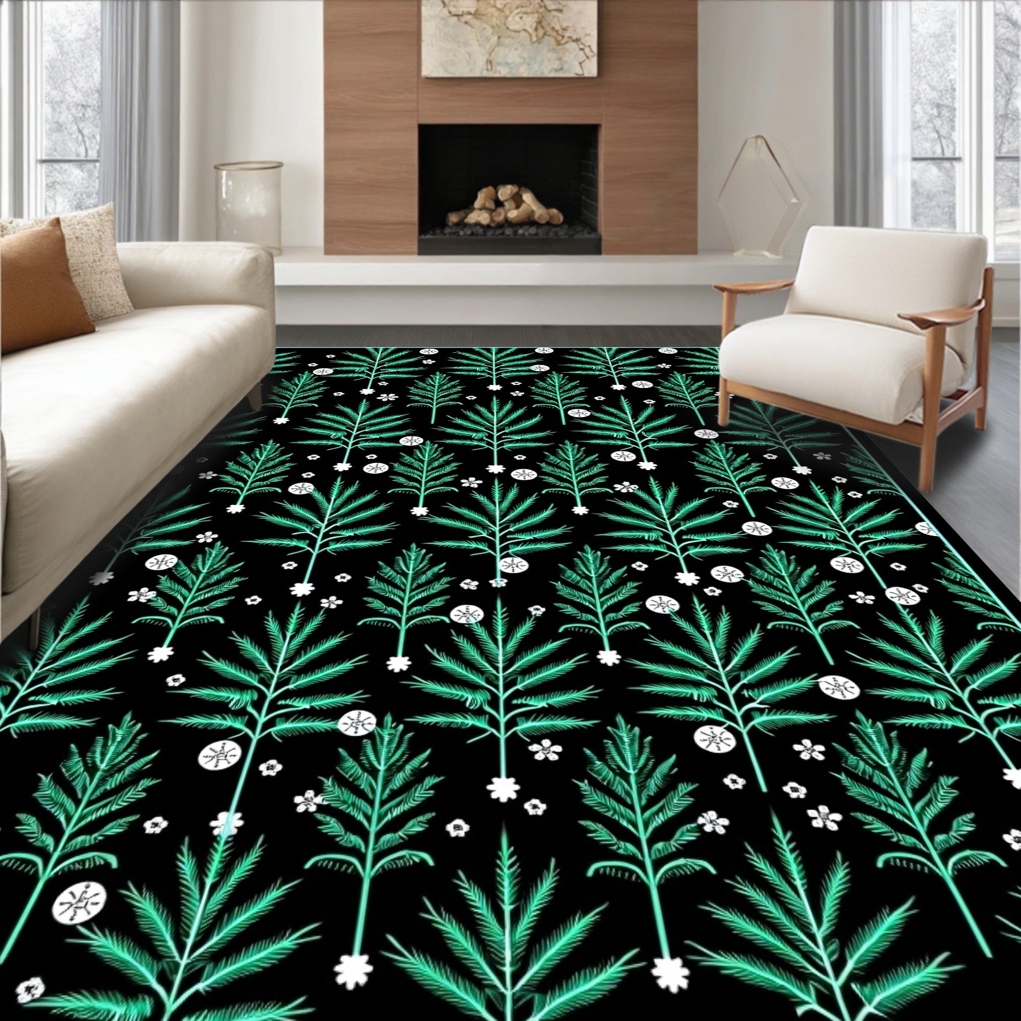 Emerald Frond Floral Black Rug