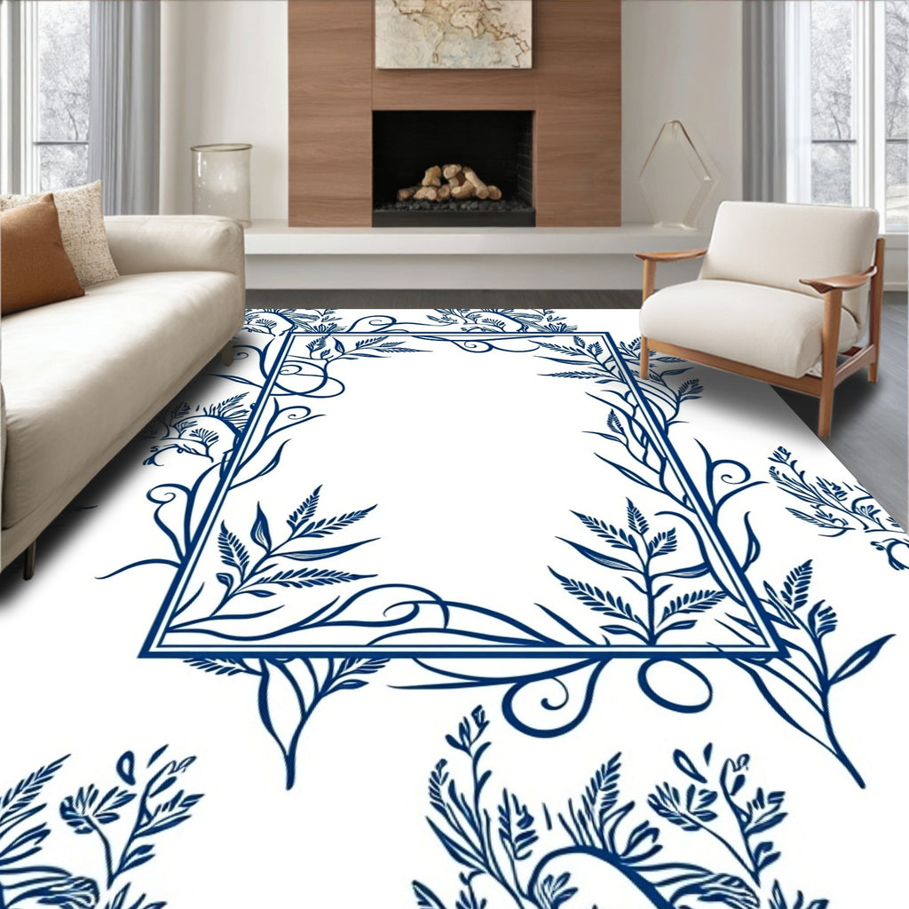 Deep Blue Botanical Frame Rug