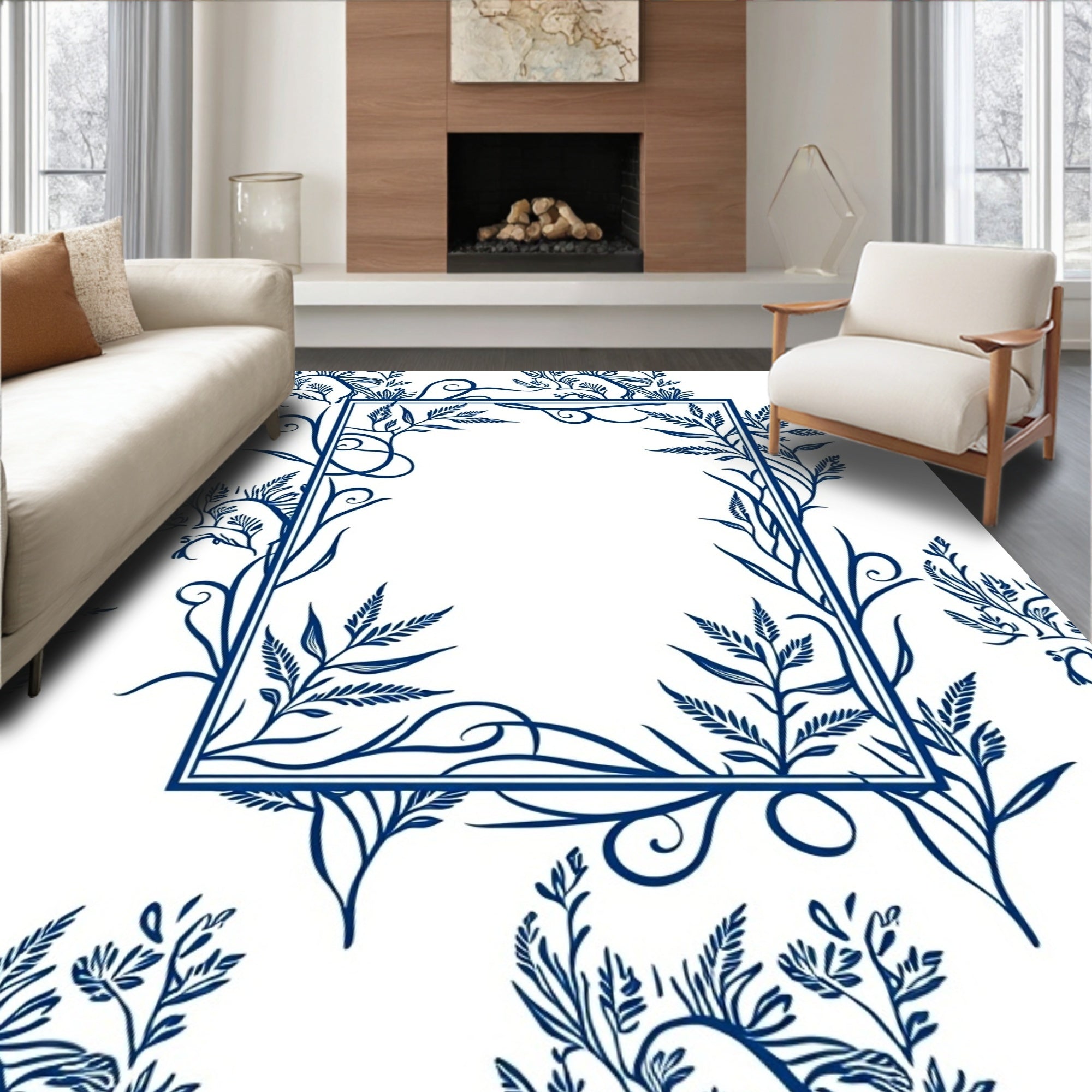 Deep Blue Botanical Frame Rug