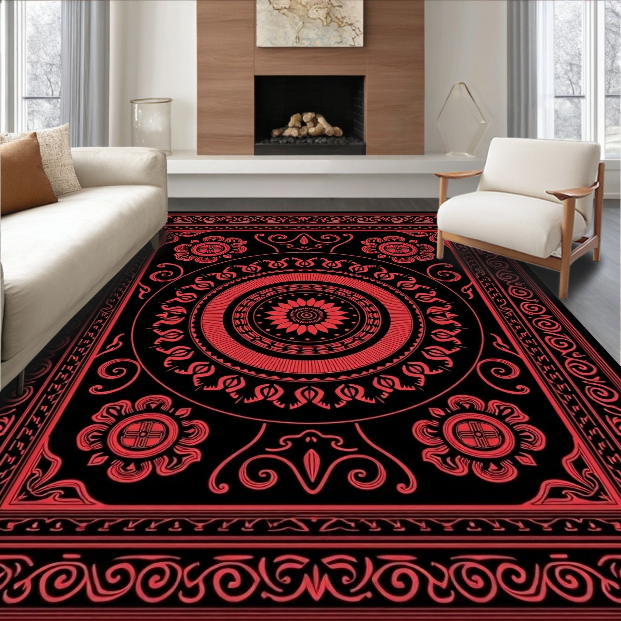 Crimson Intricate Mandalas Bordered Rug