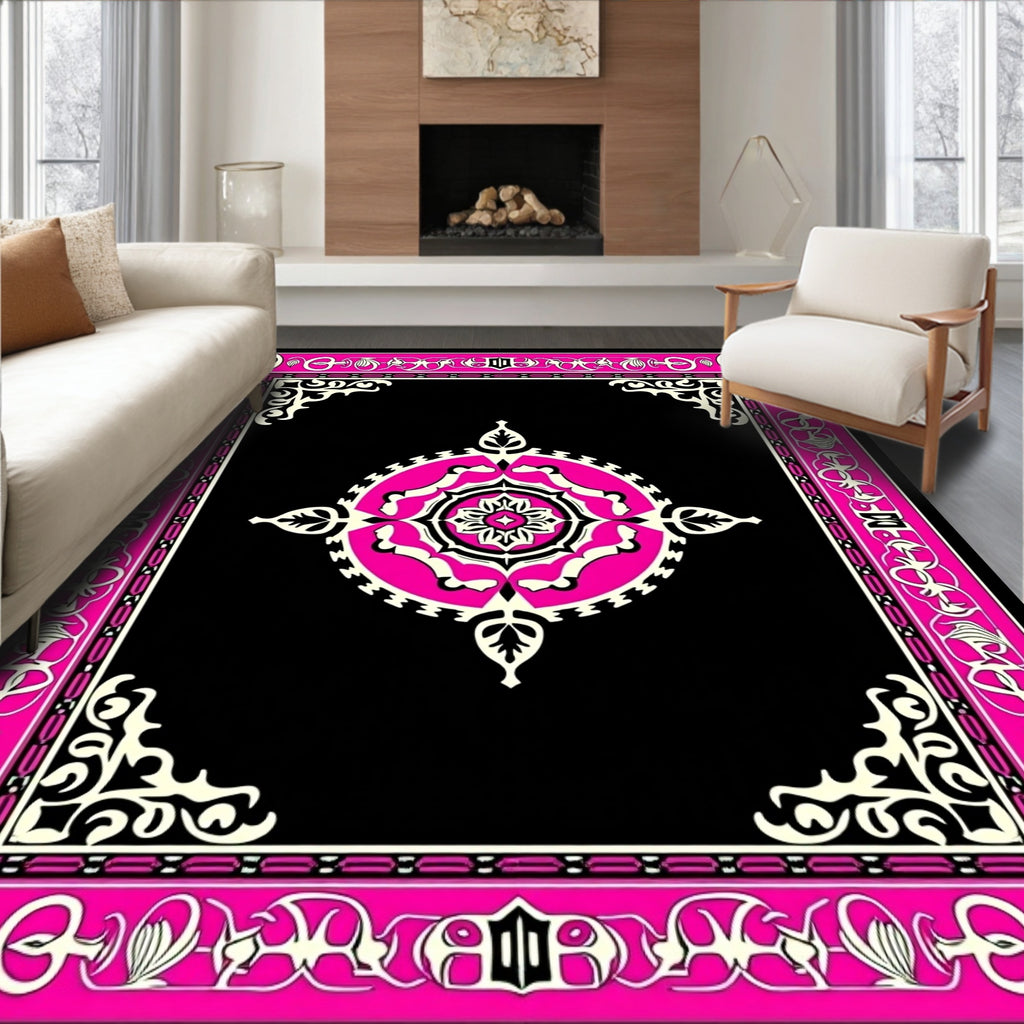 Vibrant Pink Black Floral Medallion Border Rug