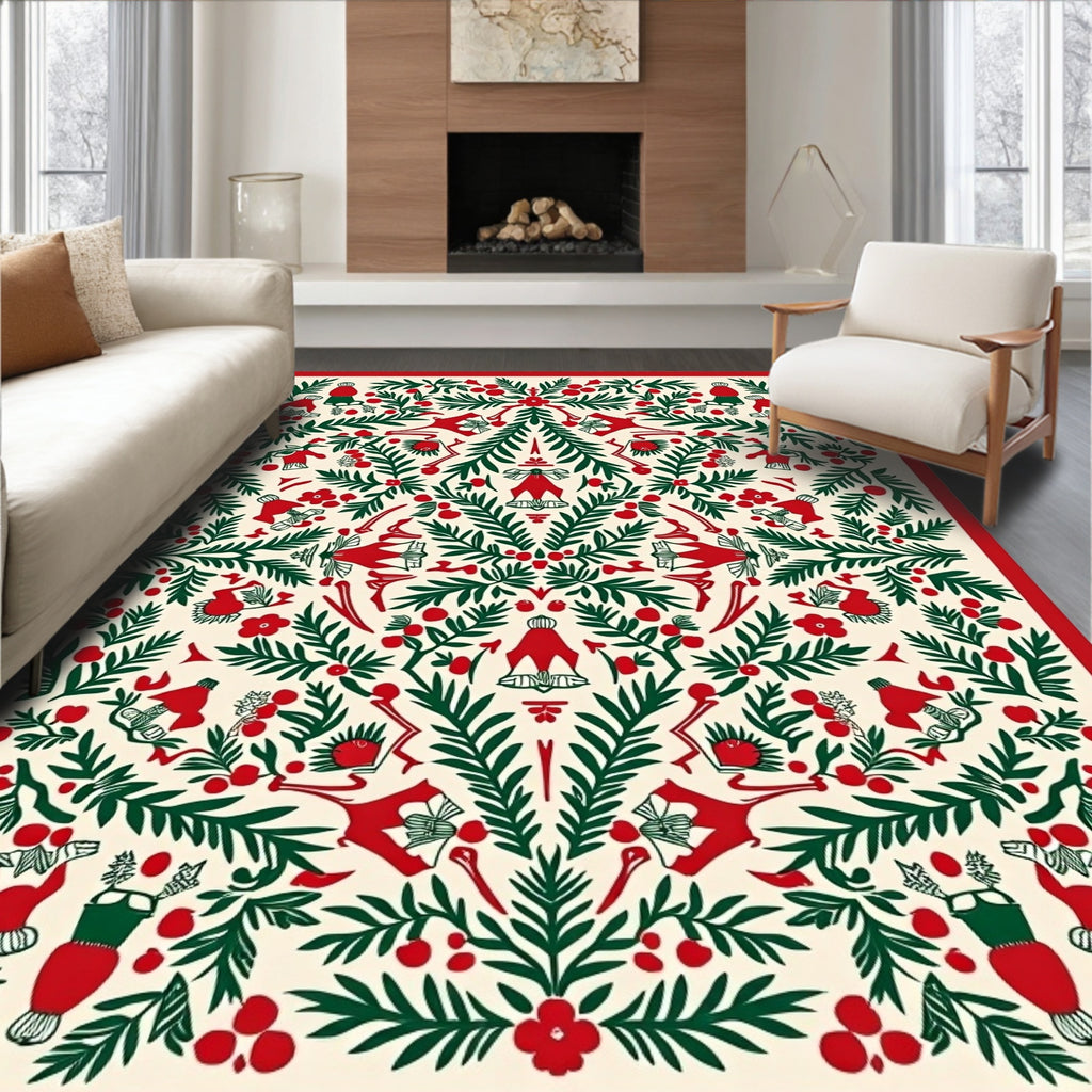 Crimson Green Festive Folk Art Rug