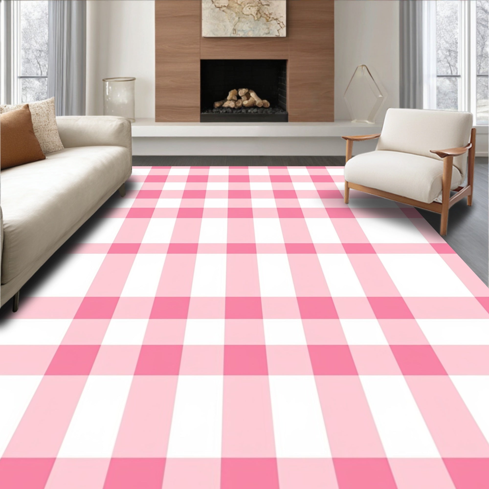 Pink White Gingham Check Rug