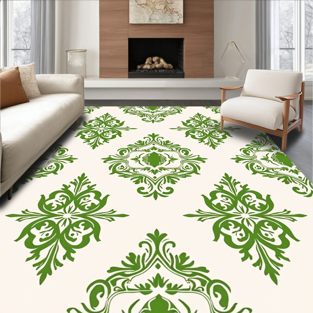 Classic Green Damask Scroll Work Rug