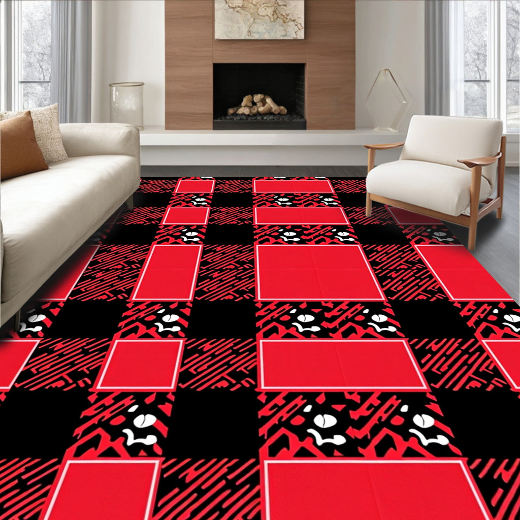 Red Black Bold Plaid Animal Print Rug