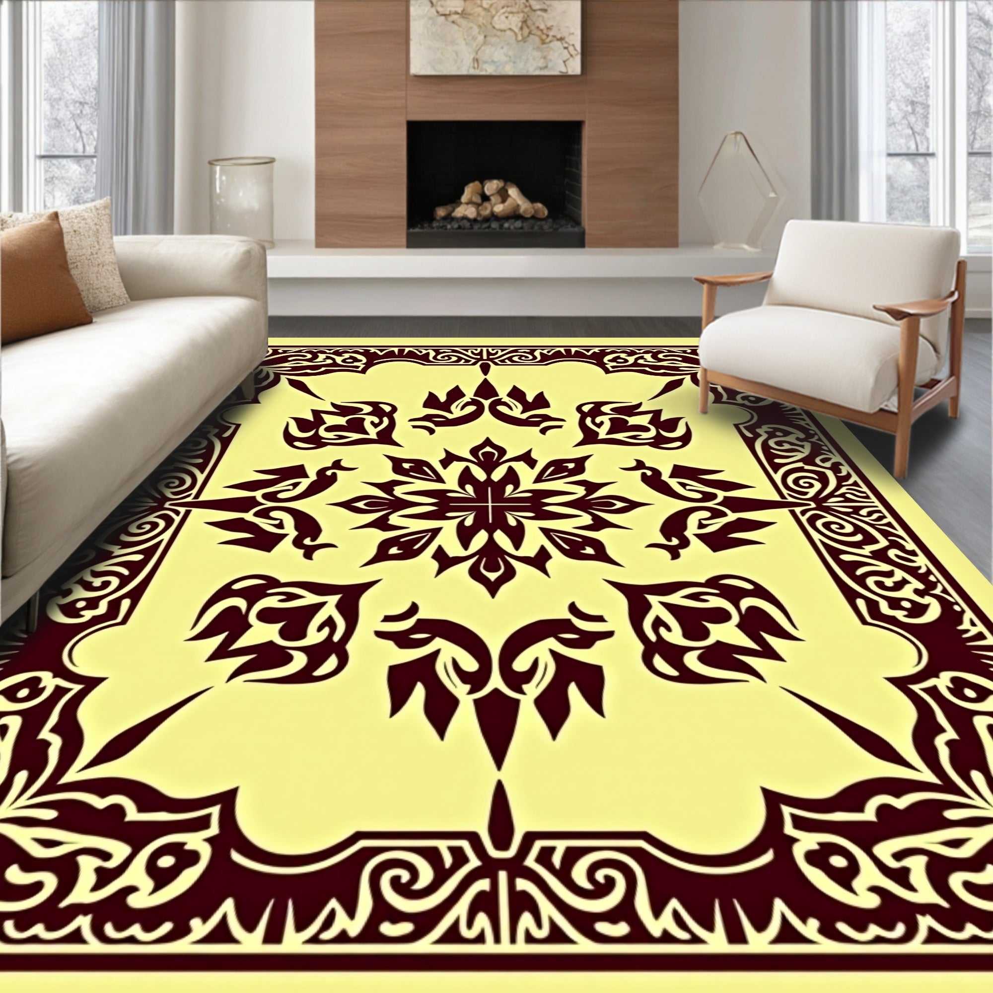 Maroon Cream Intricate Floral Star Rug