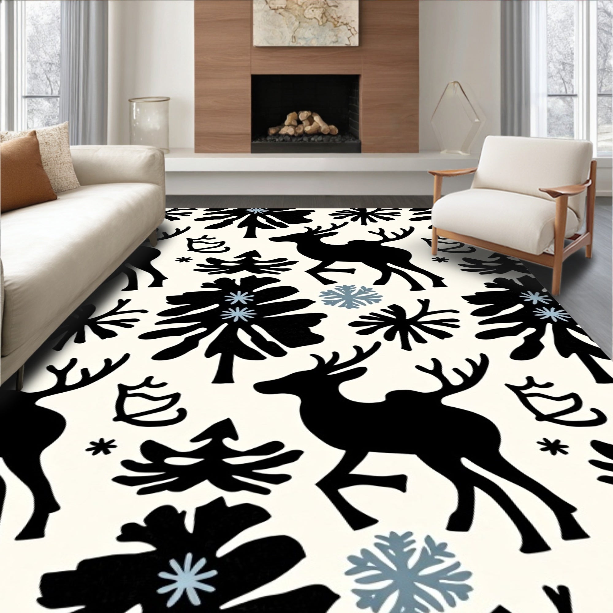 Black Reindeer Winter Forest Snowflakes Rug