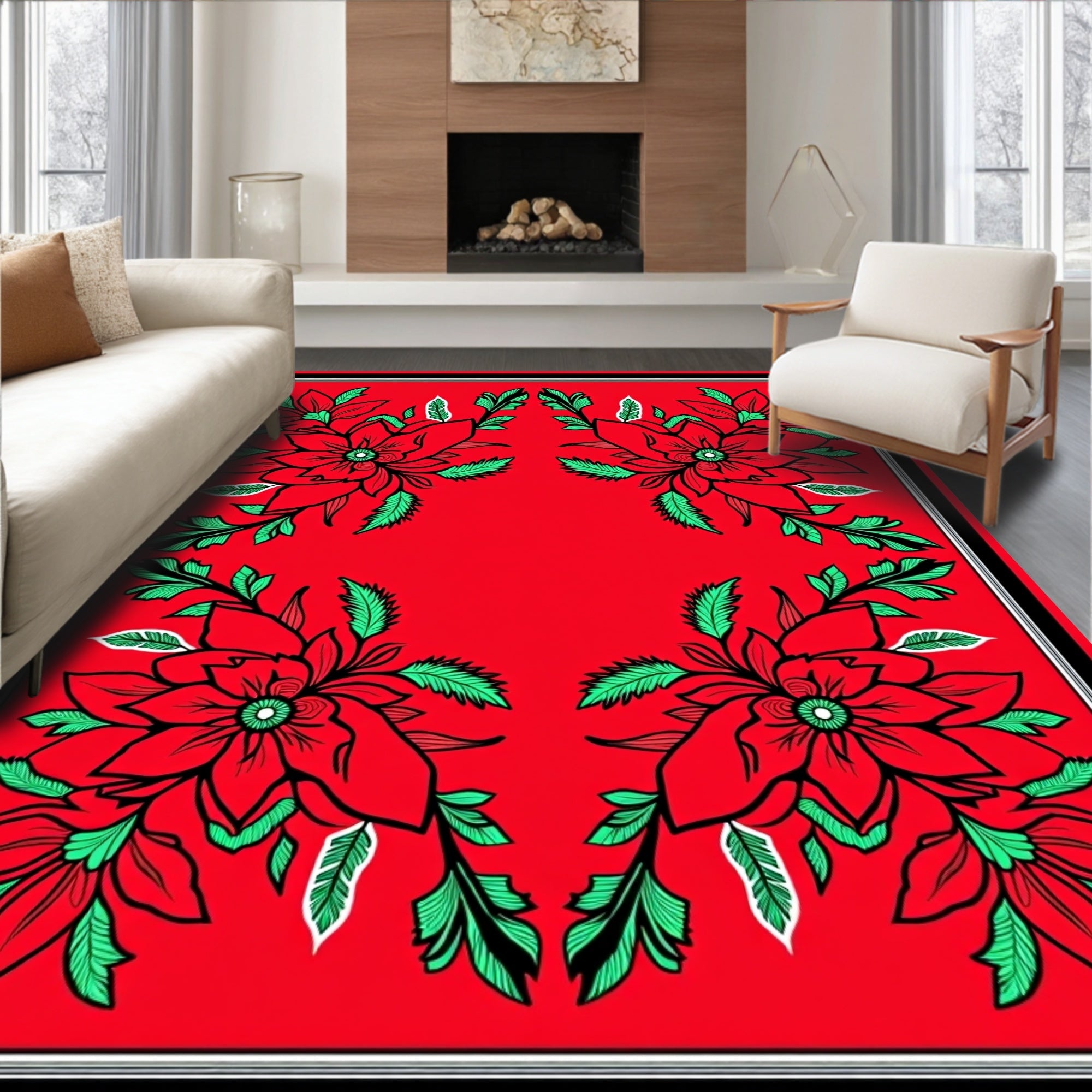 Crimson Floral Botanical Arrangement Rug