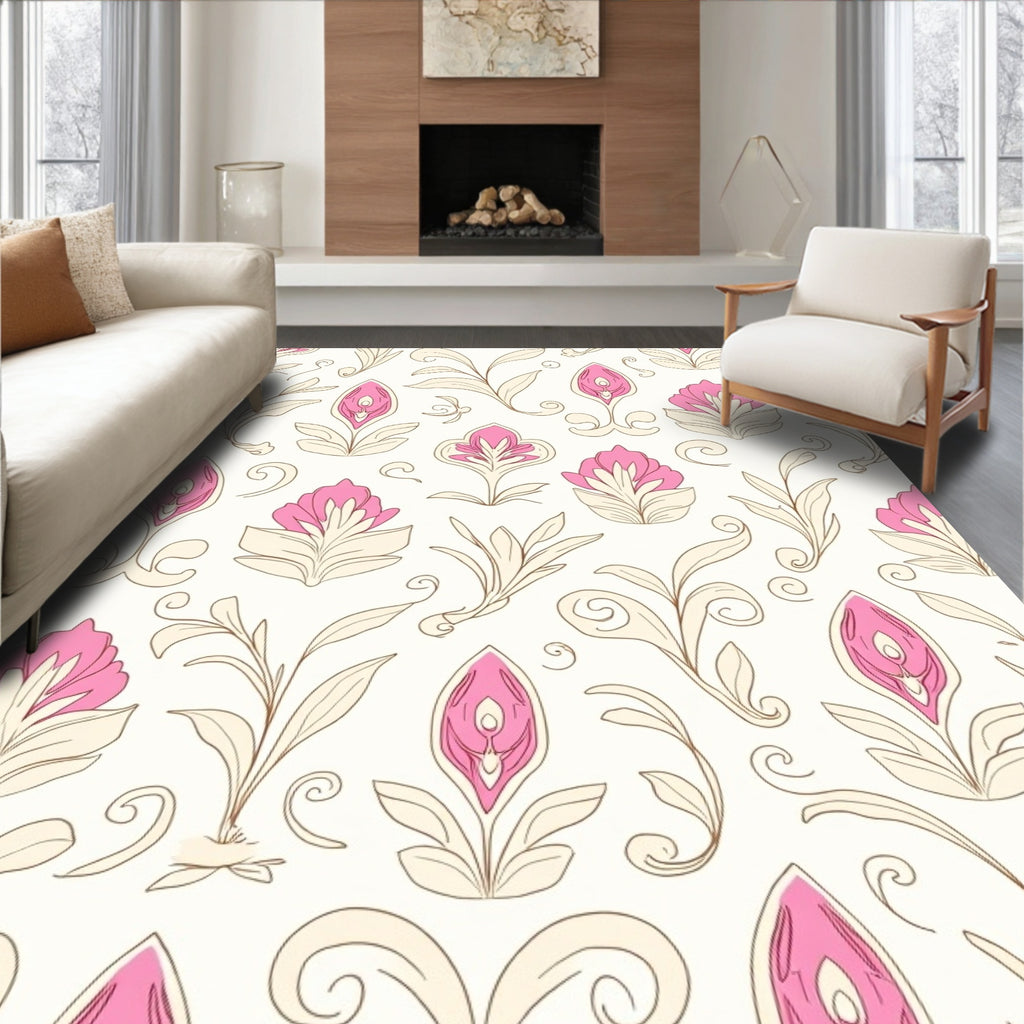 Vintage Pink Floral Cream Botanical Rug