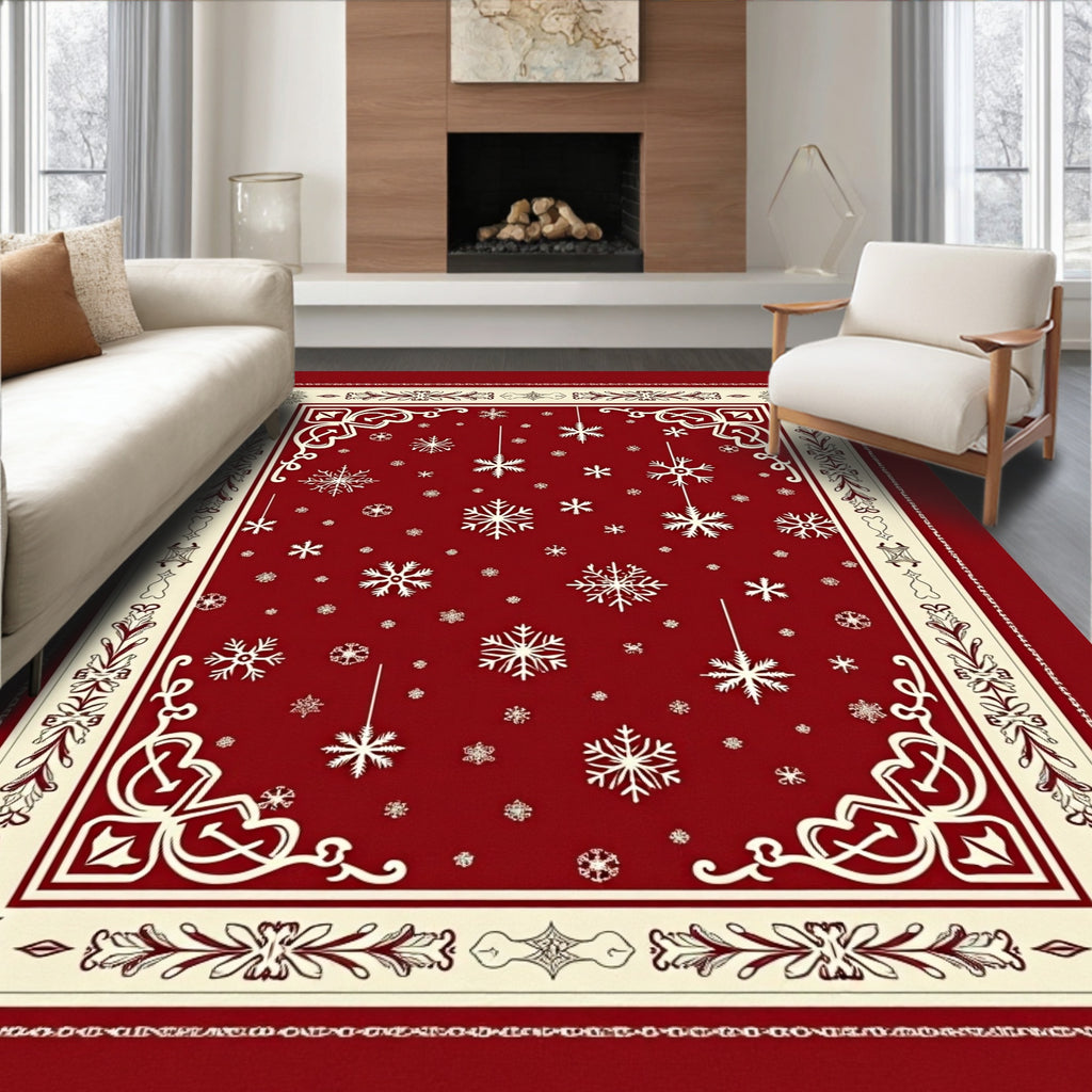 Crimson Snowflake Winter Border Rug