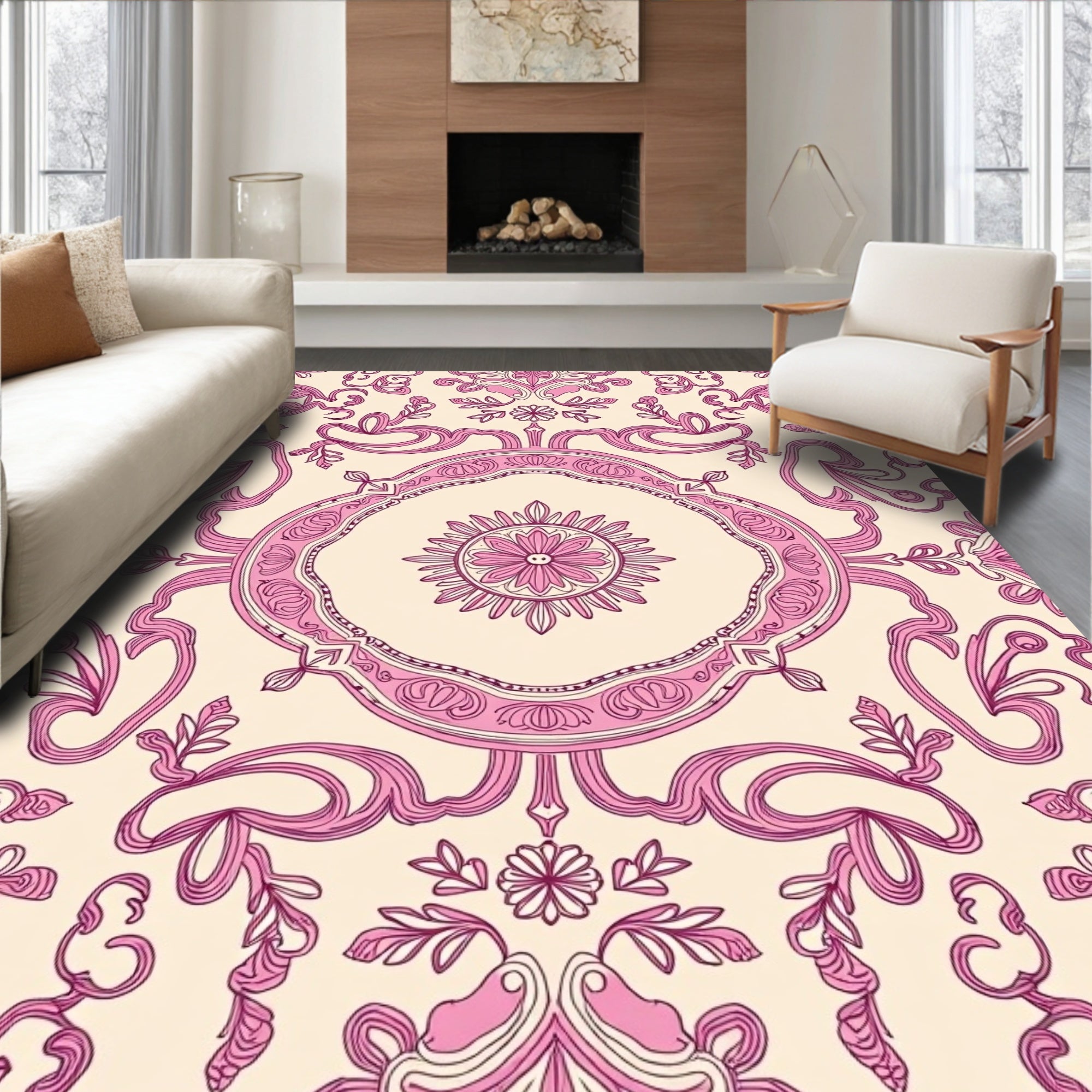 Vintage Pink Floral Damask Rug