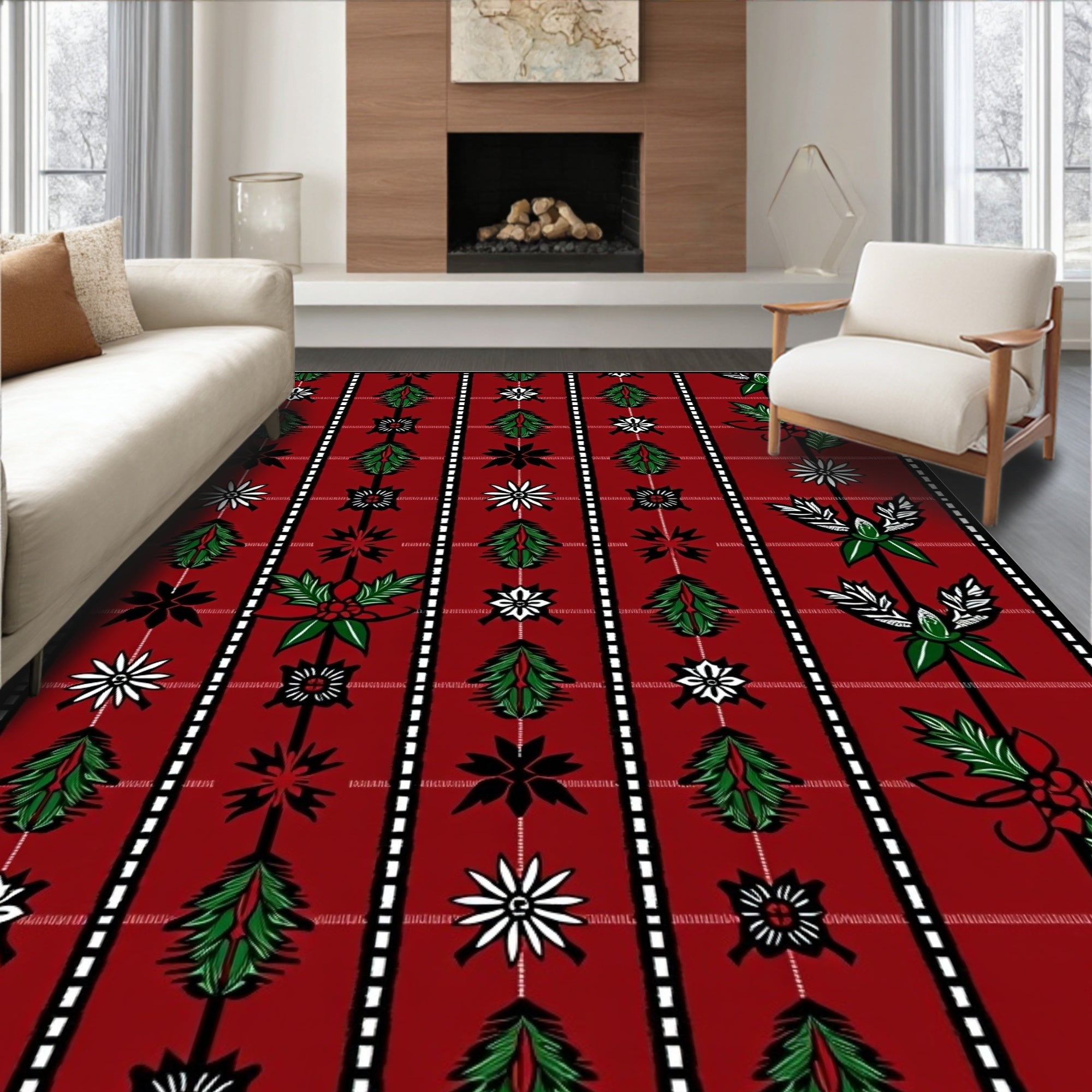 Festive Red Green Poinsettia Stripe Rug
