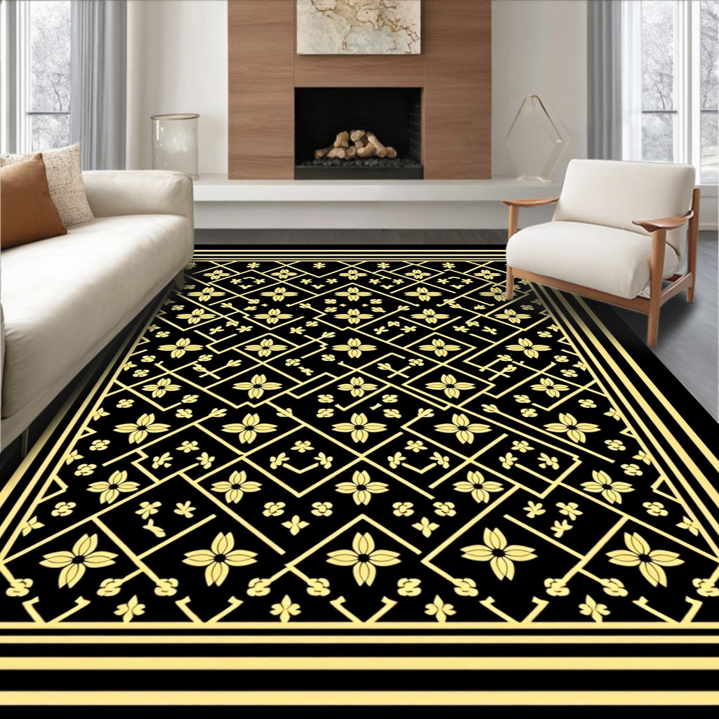 Golden Lattice Floral Black Rug