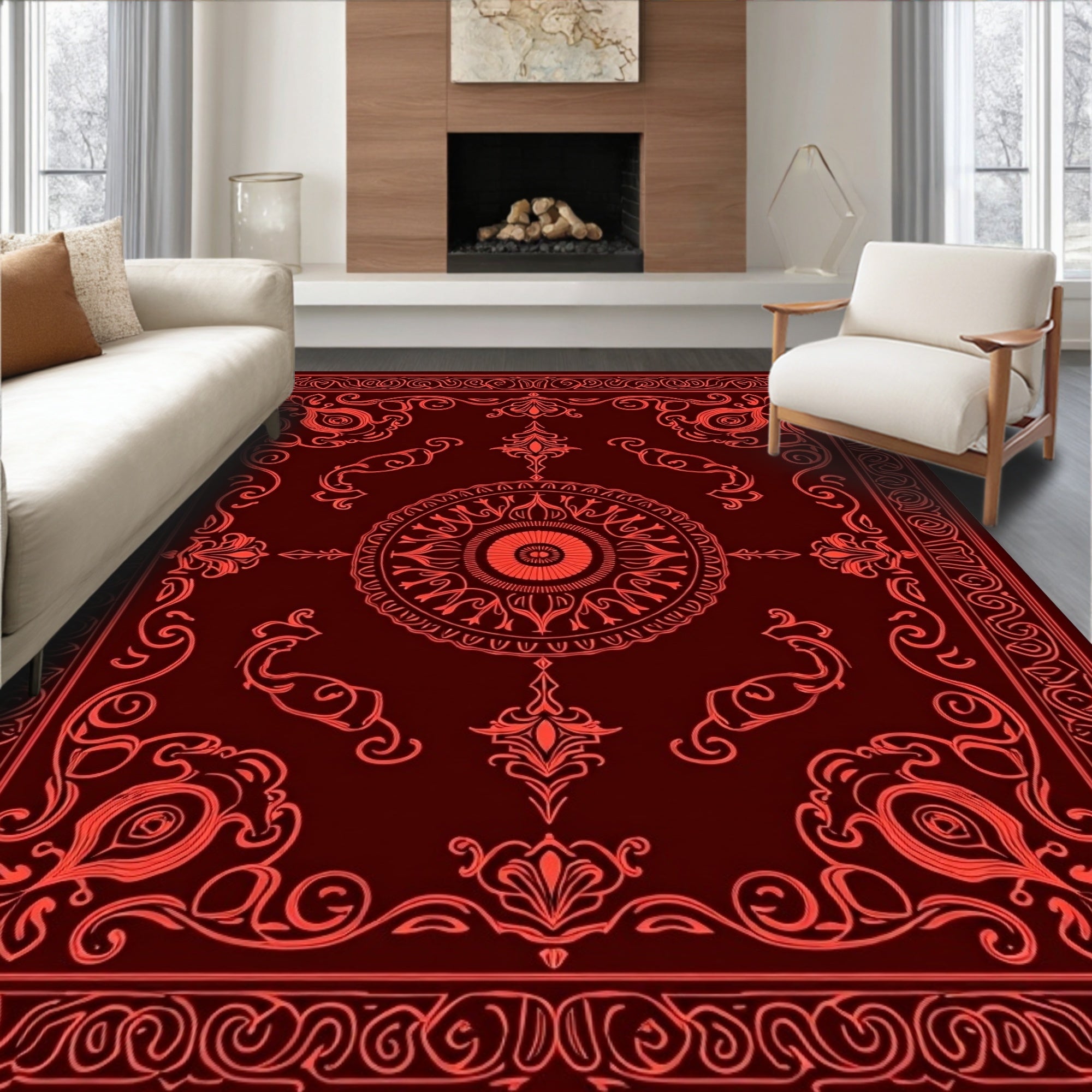 Crimson Red Elaborate Floral Medallion Rug
