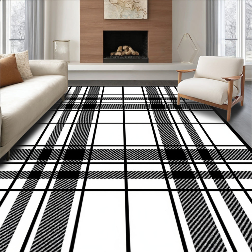 Classic Black White Plaid Checkered Rug