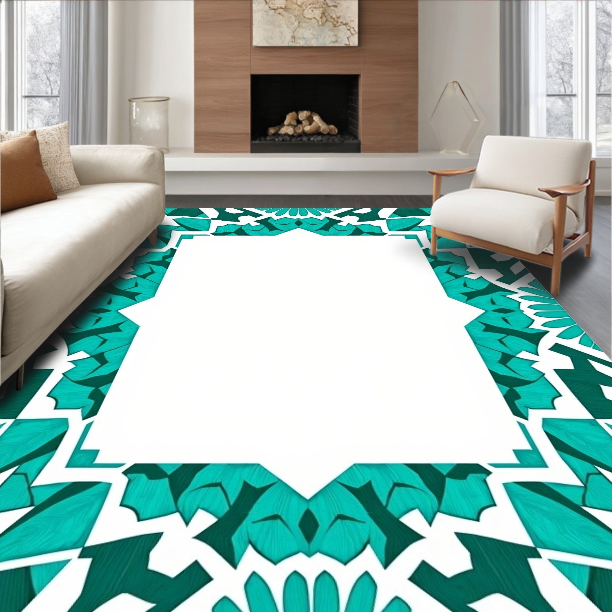 Teal Geometric Mandala Border Rug