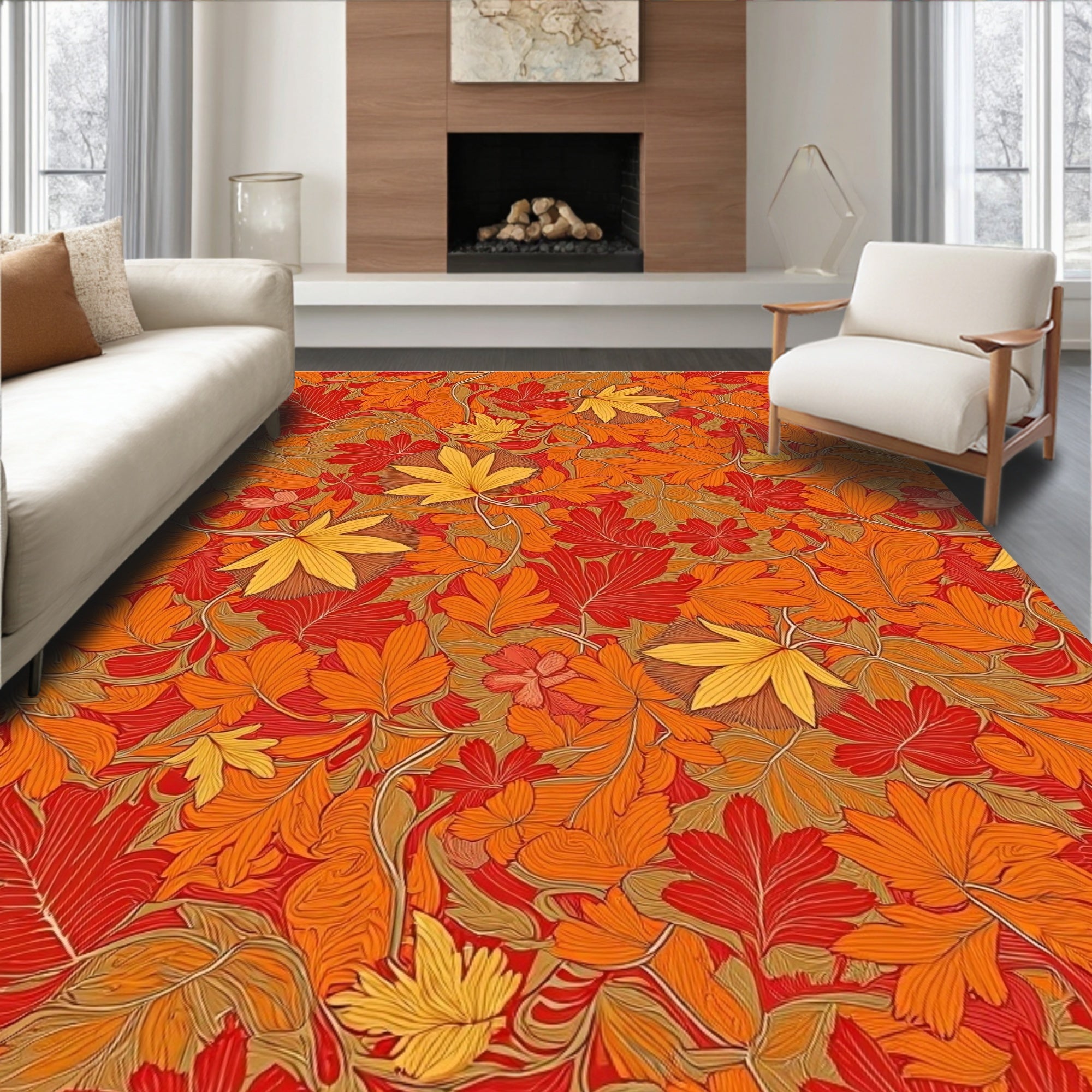 Autumnal Red Orange Leafy Vine Rug
