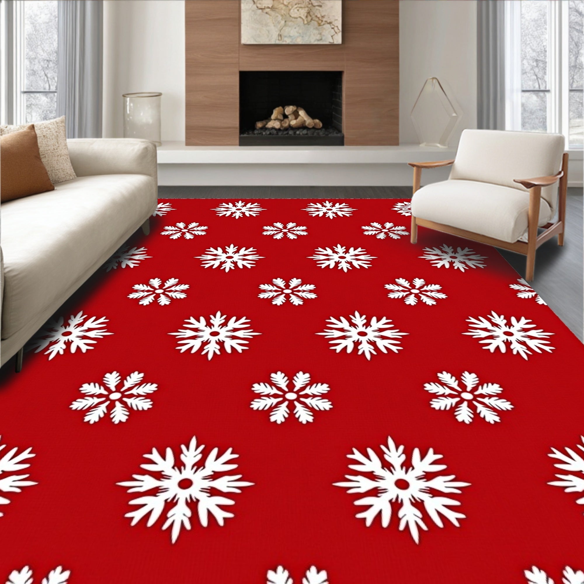 Crimson White Snowflake Repeat Rug