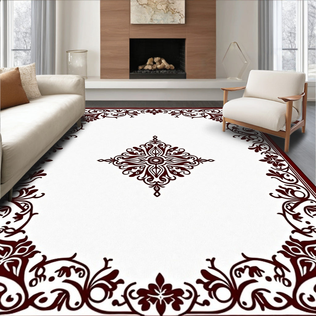 Deep Red Scrollwork Emblem Rug
