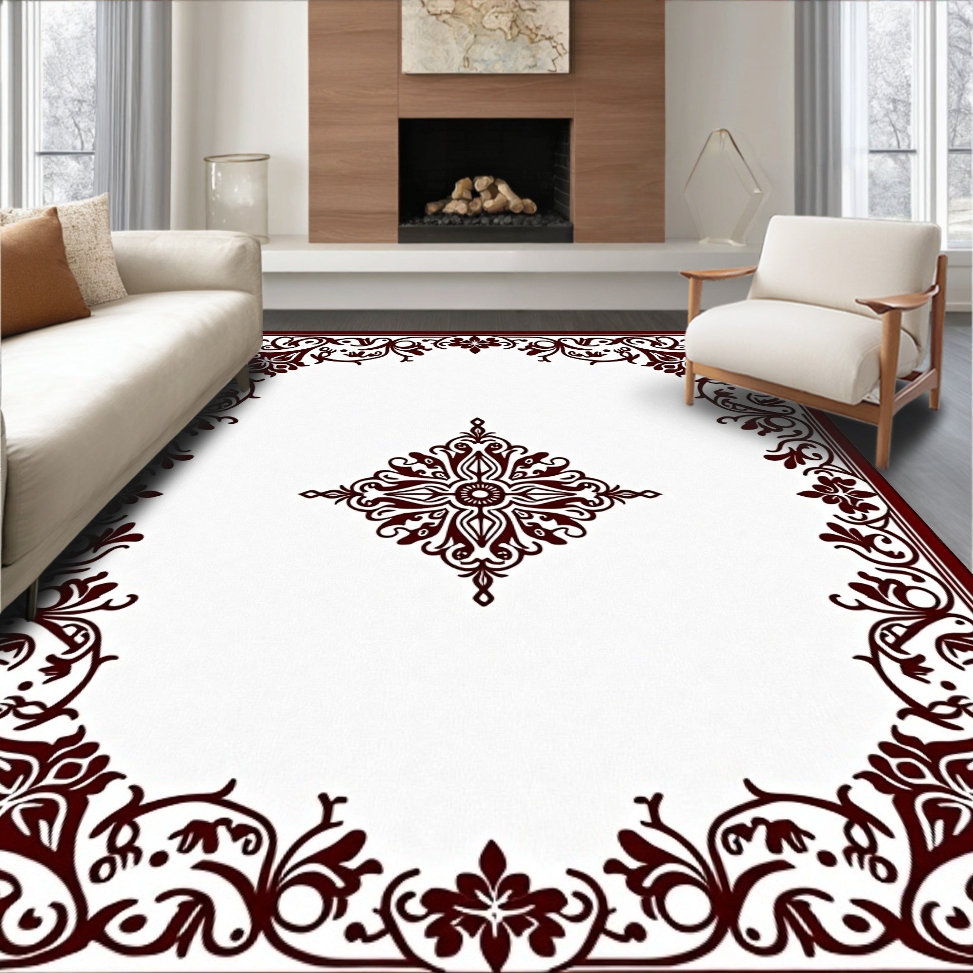 Deep Red Scrollwork Emblem Rug