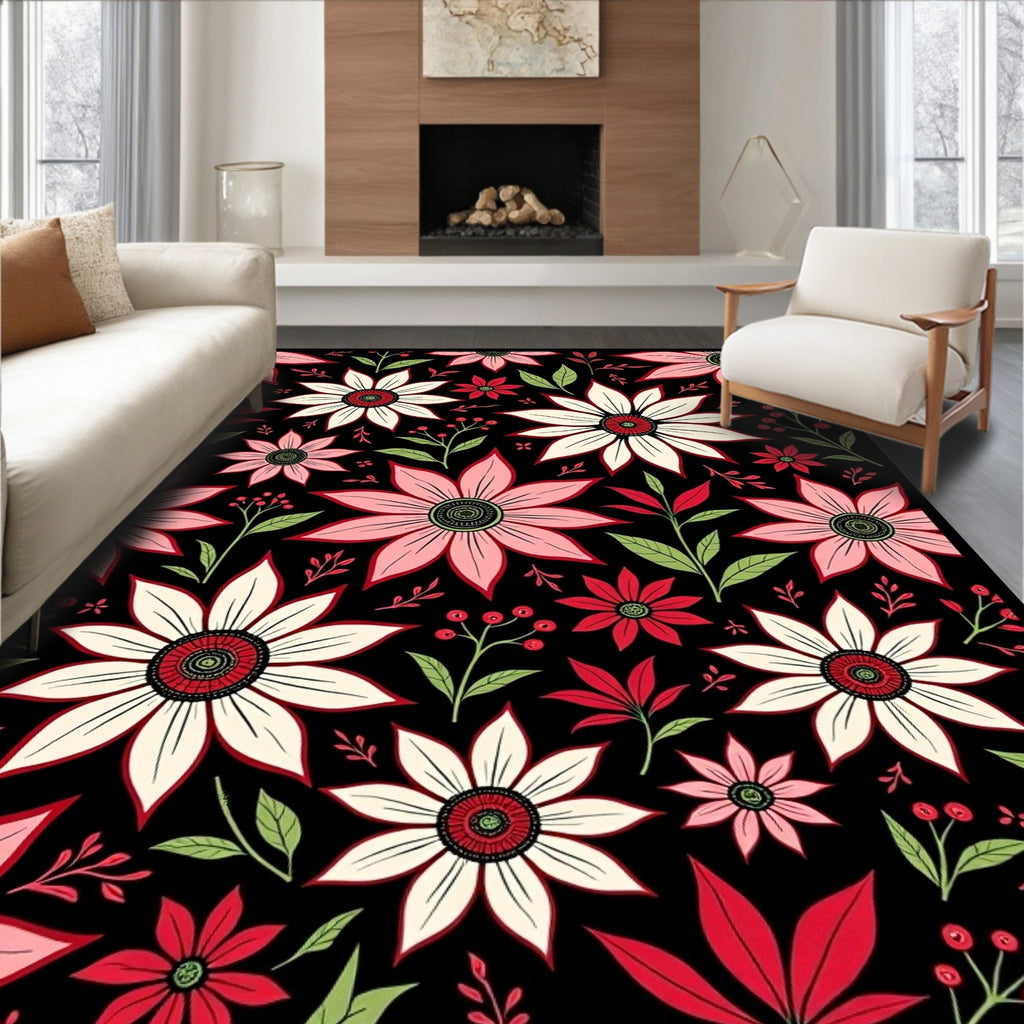 Bold Floral Botanical Red White Rug
