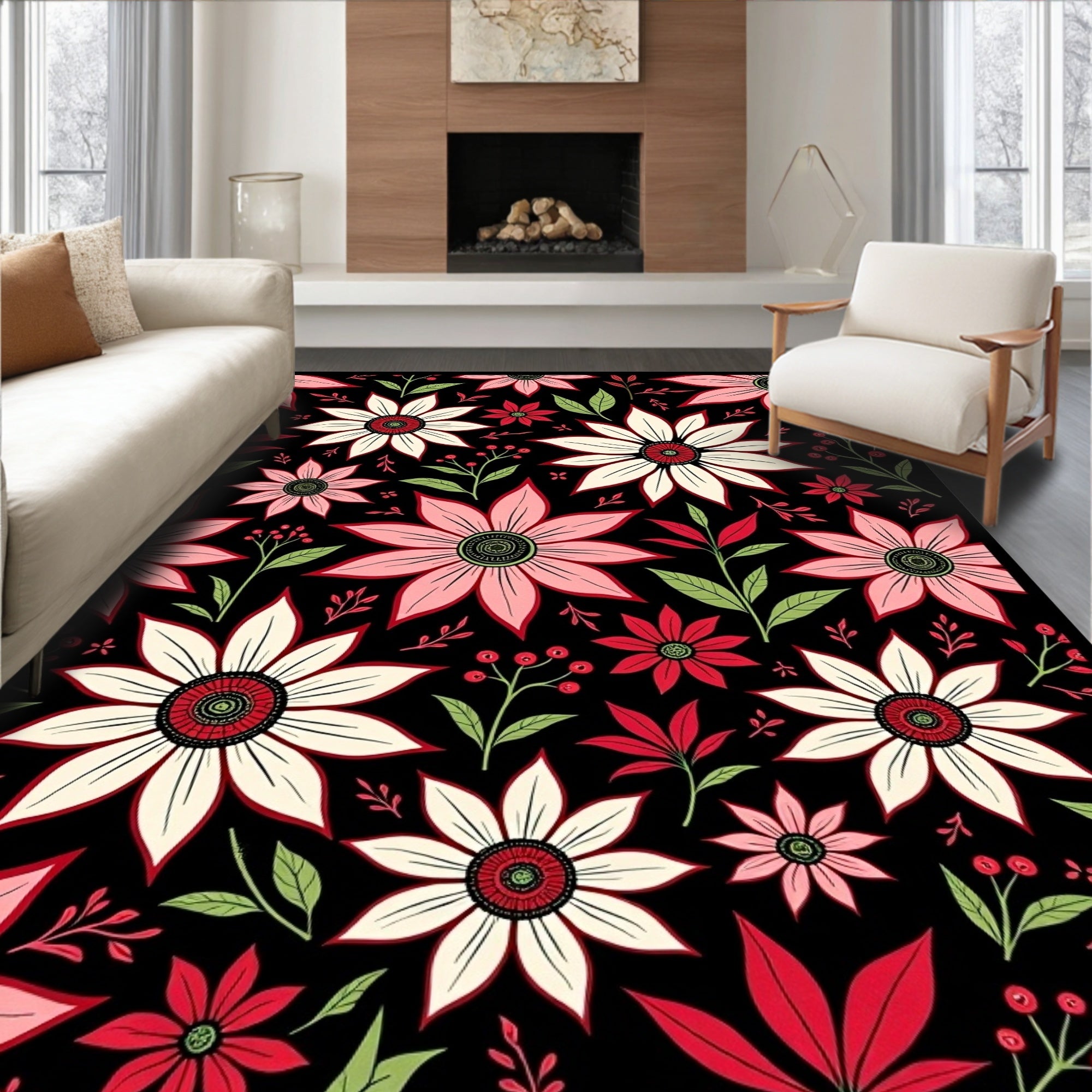 Bold Floral Botanical Red White Rug
