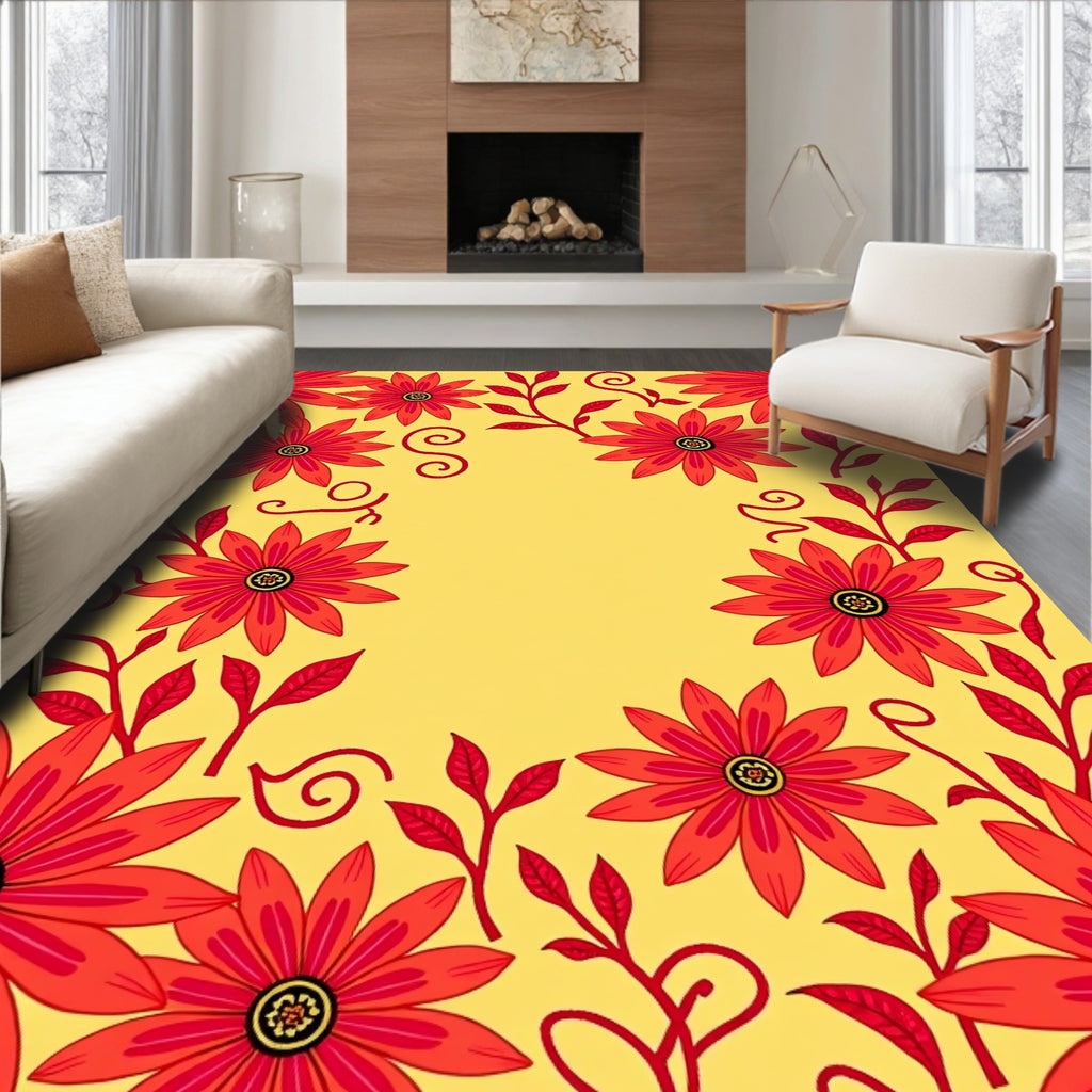 Vibrant Red Daisy Swirls Rug
