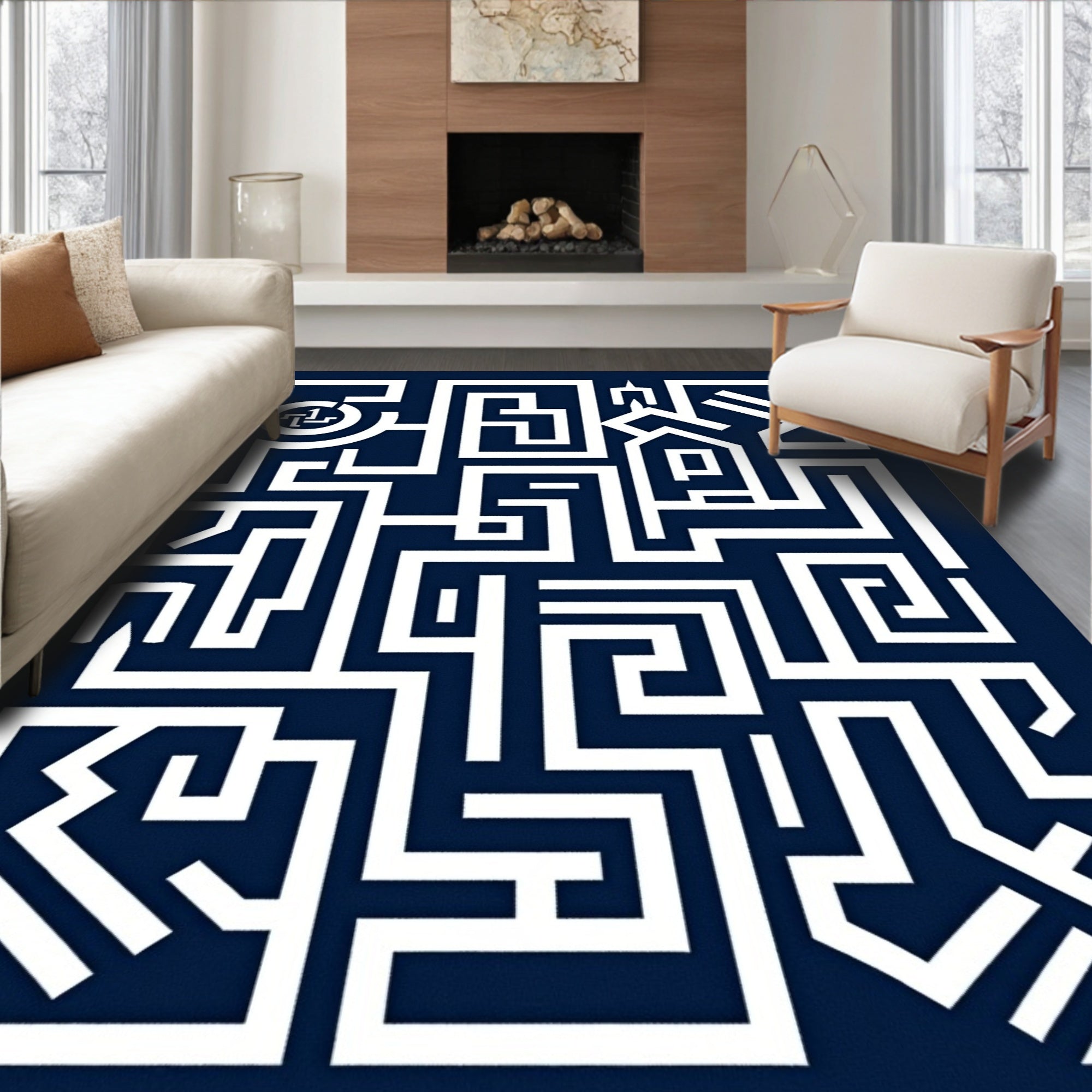 Modern Navy White Geometric Maze Rug