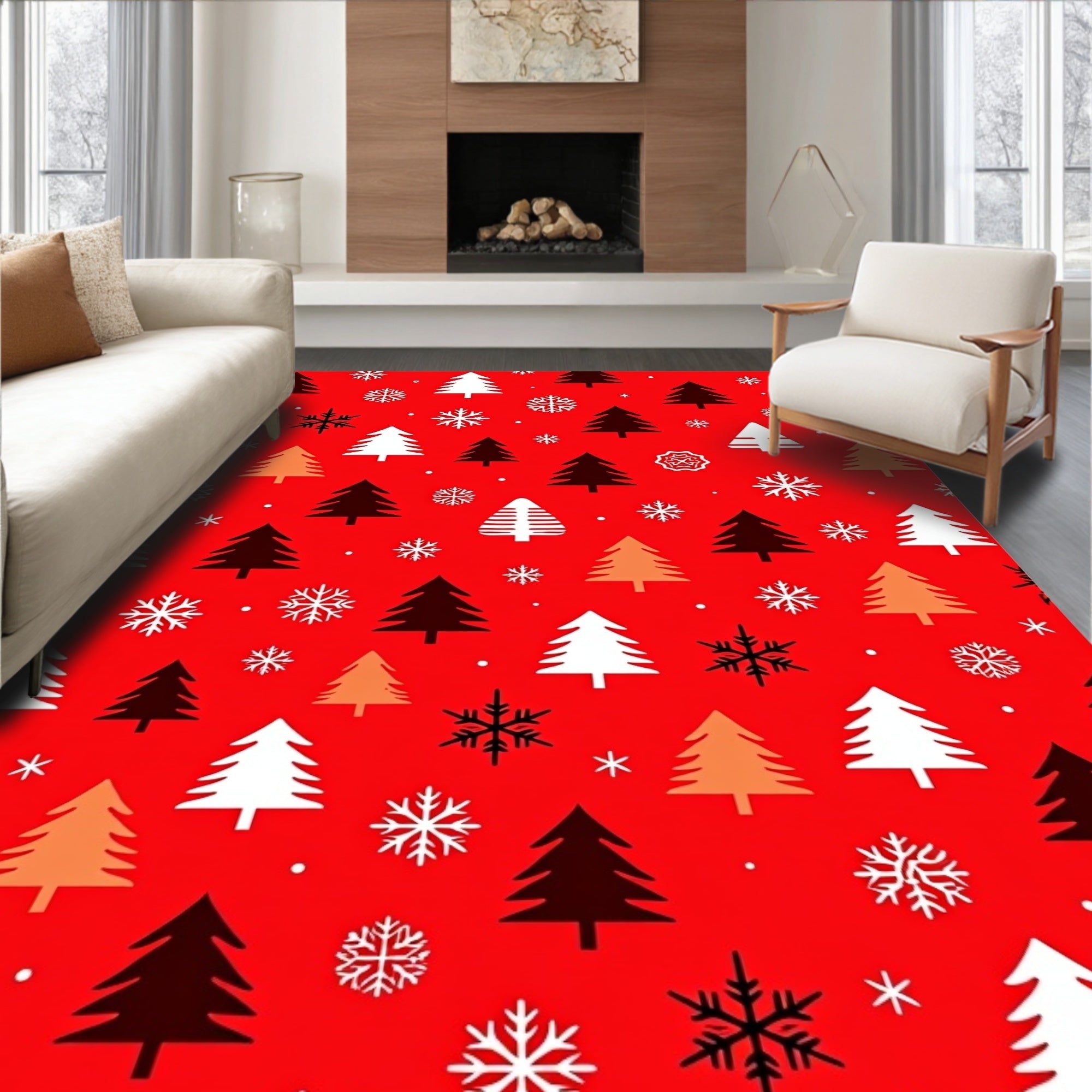 Christmas Tree Snowflakes Red Background Rug
