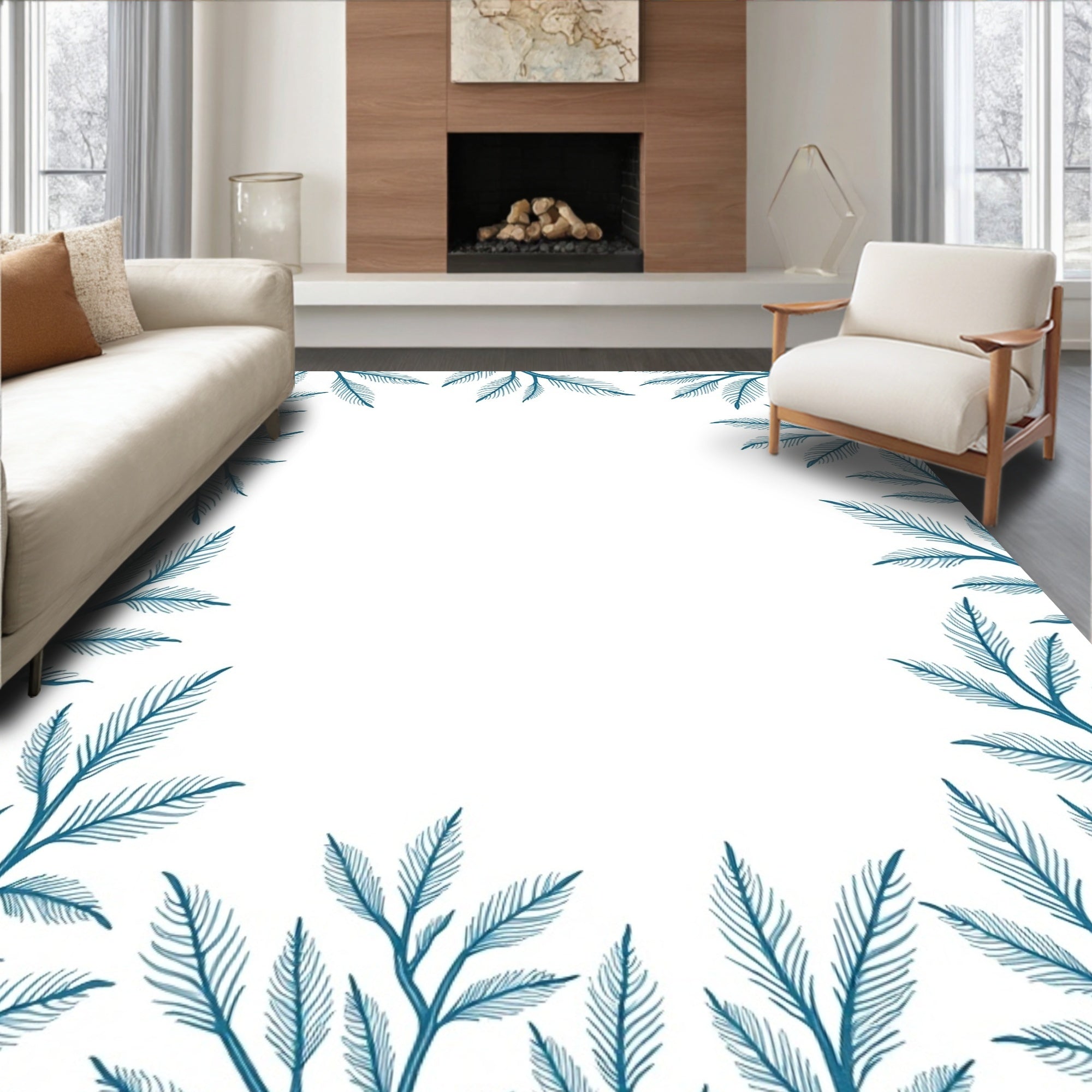 Teal Botanical Vine Border Rug
