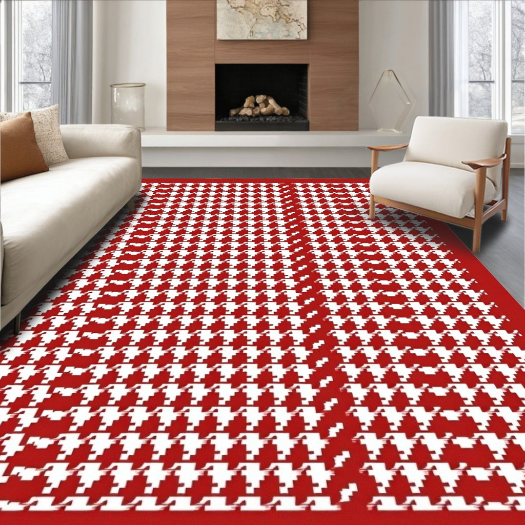 Red White Houndstooth Classic Check Rug