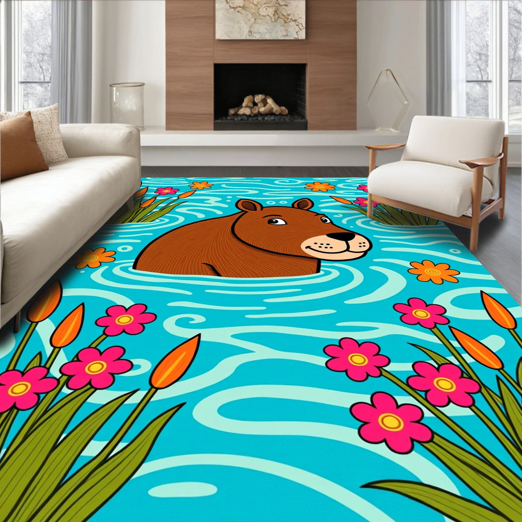 Brown Capybara Amongst Pink Flowers Water Rug