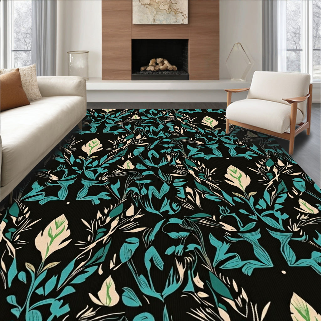 Dark Teal Floral Botanical Garden Rug
