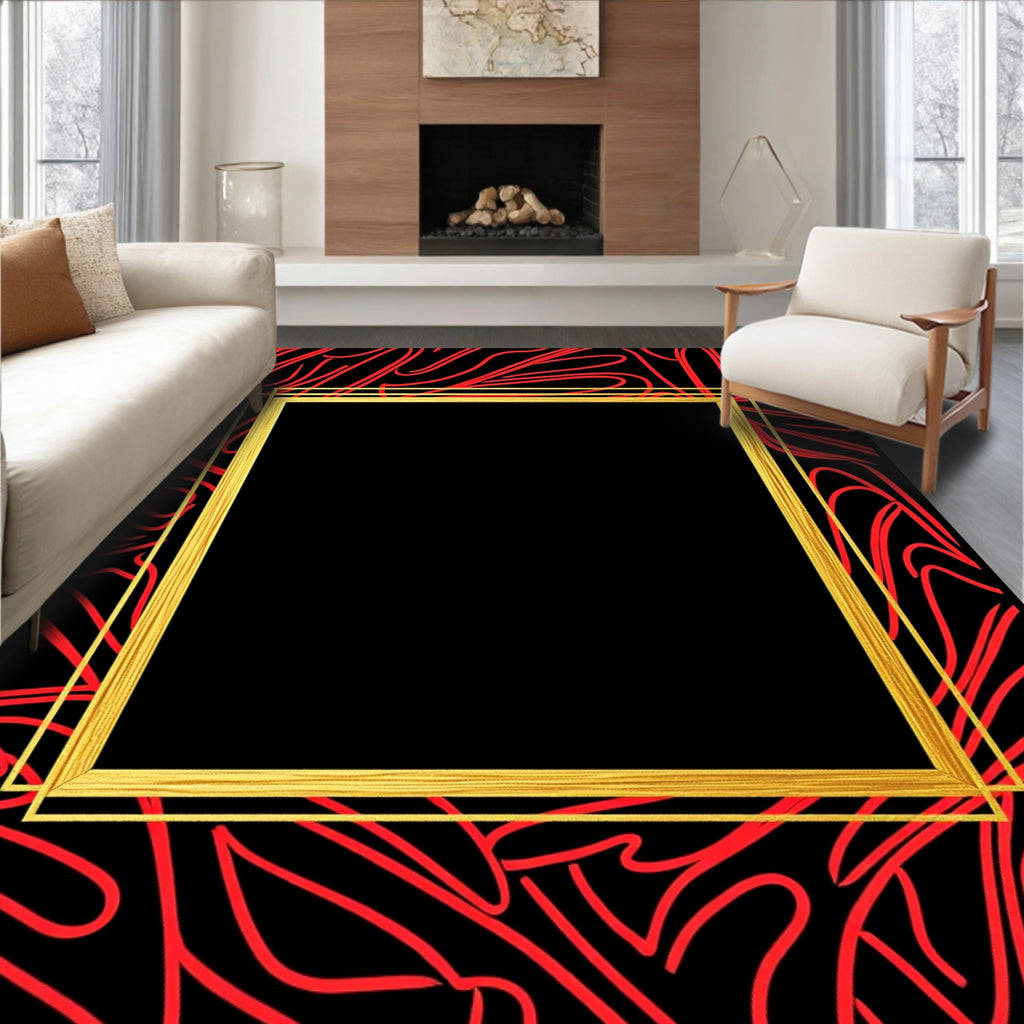 Bold Crimson Swirls Gold Frame Rug