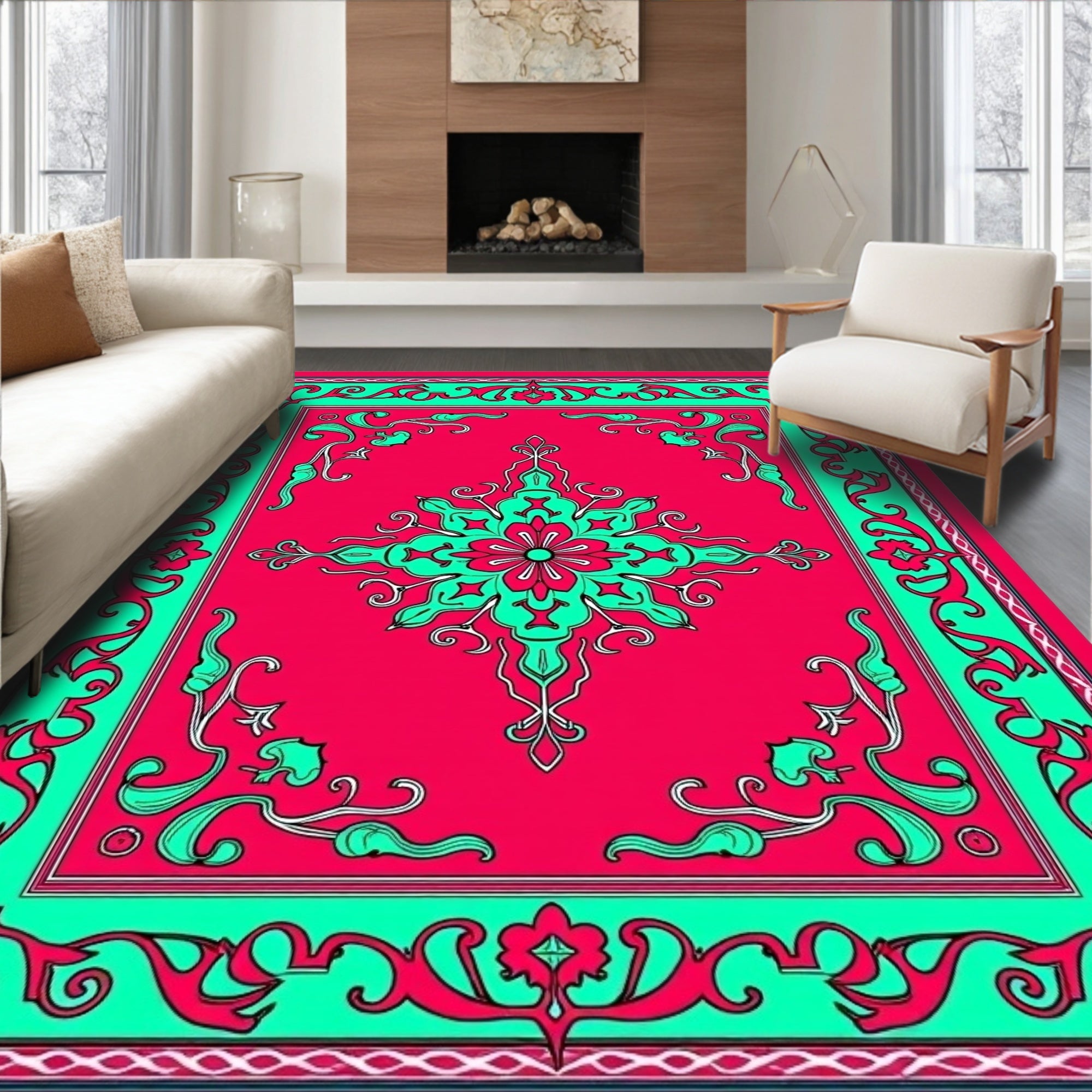 Whimsical Coral Teal Medallion Rug