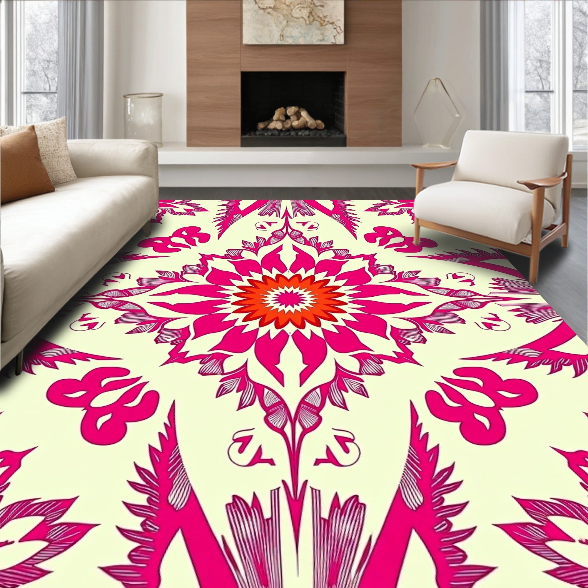 Hot Pink Floral Mandala Cream Rug